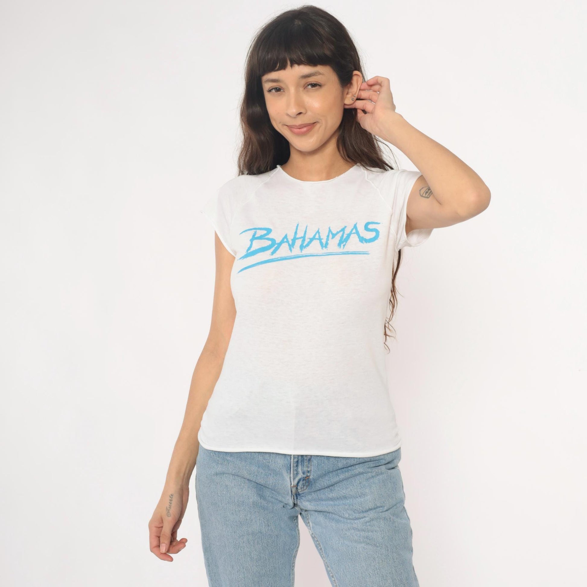 80s Bahamas White Graphic T-Shirt Cotton Crew Neck Cap Sleeve Extra Small XS
