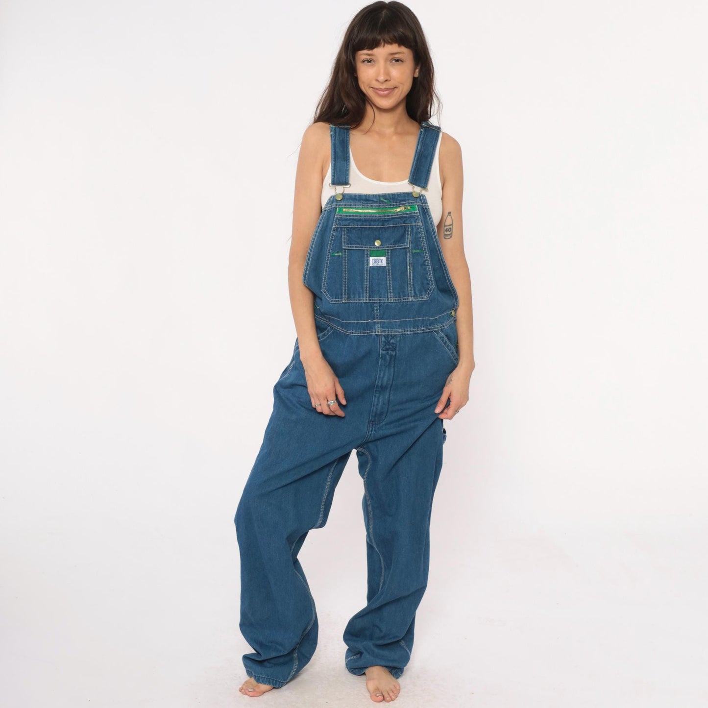 Y2K Liberty Medium Blue Denim Overalls Green Trim Zippered Bib Extra Large