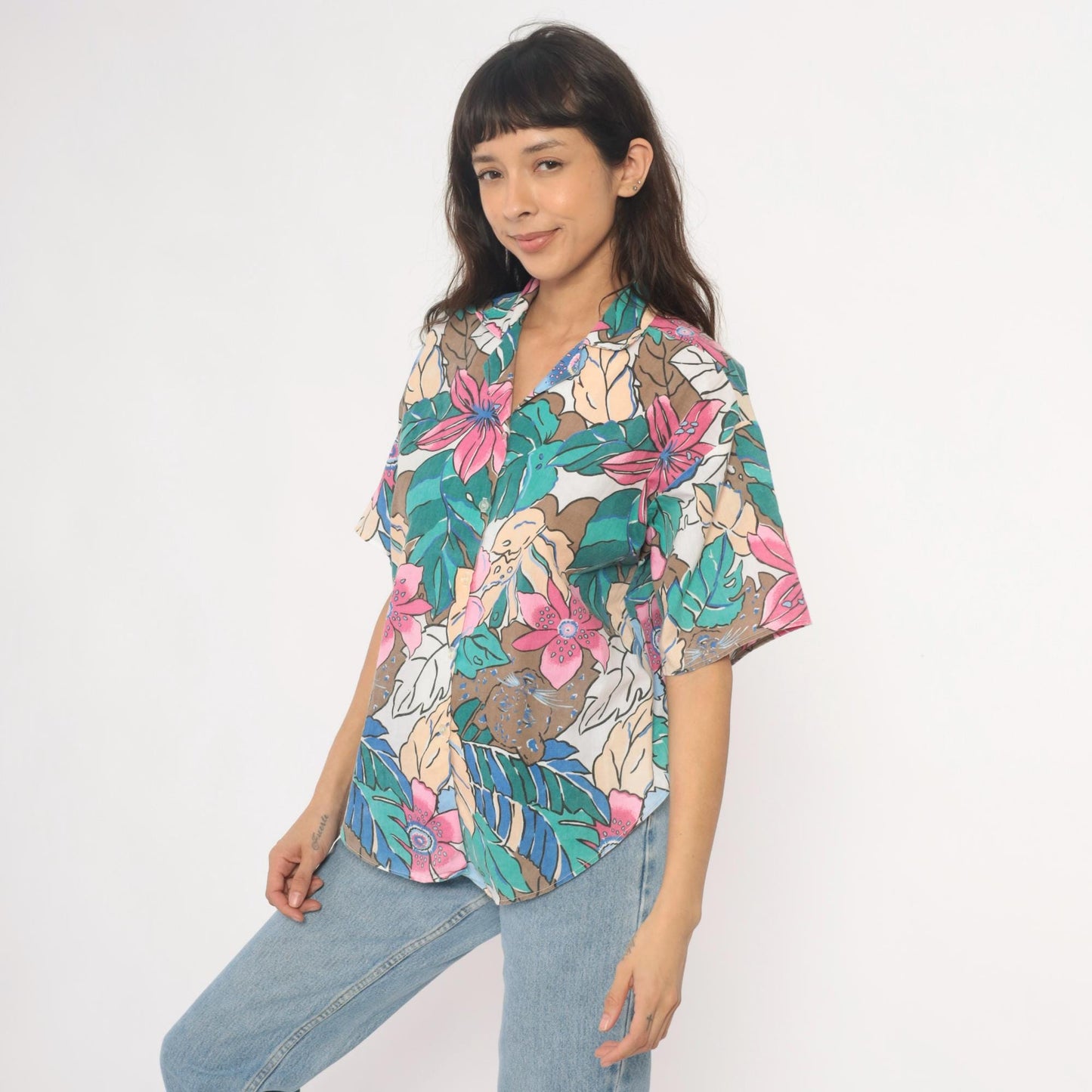 90s Caribou Tropical Floral Hawaiian Shirt Pink Blue Monstera Medium