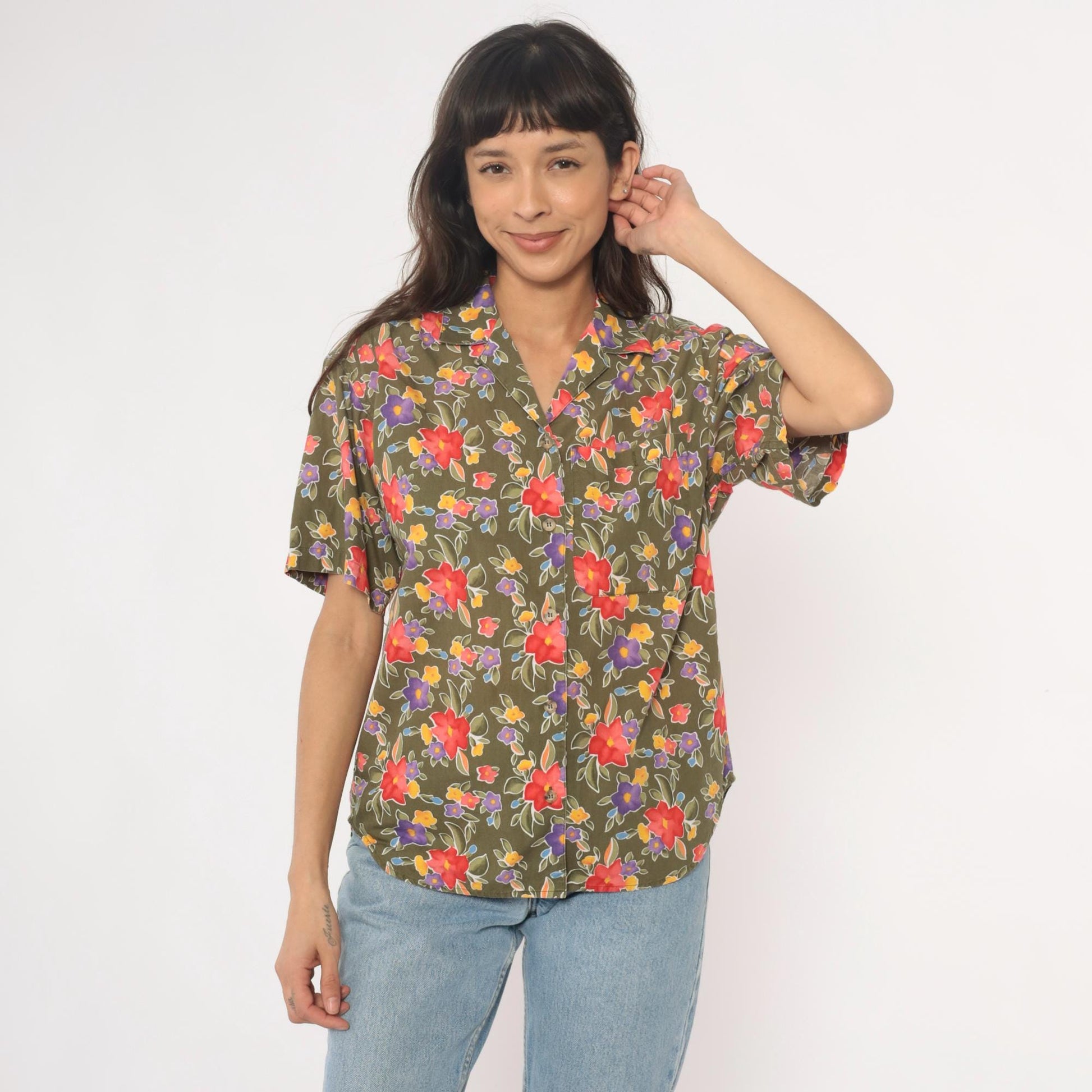 90s Liz Sport Floral Camp Collar Shirt Olive Green Cotton Small S