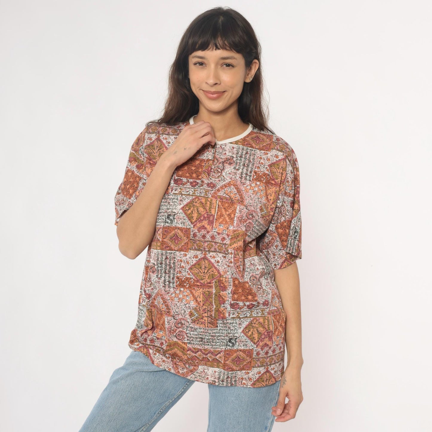 Y2K Patchwork Print Tee Rust Orange Cream Geometric Paisley Unisex Large L