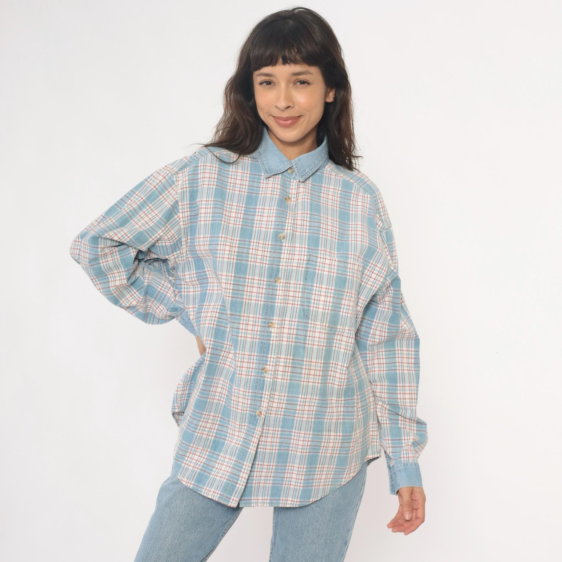 90s Paris Sport Club Plaid Button Down Shirt Denim Collar Cotton Large L