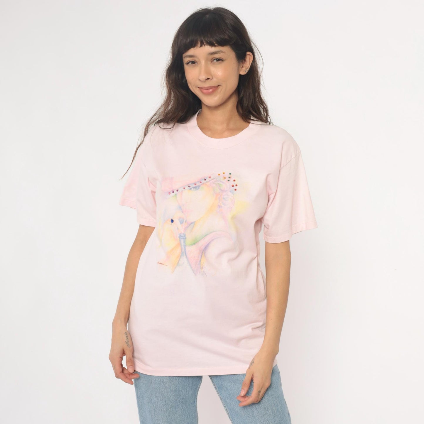 90s Oneita Pink Rhinestone Hat Lady Graphic Tee Large L