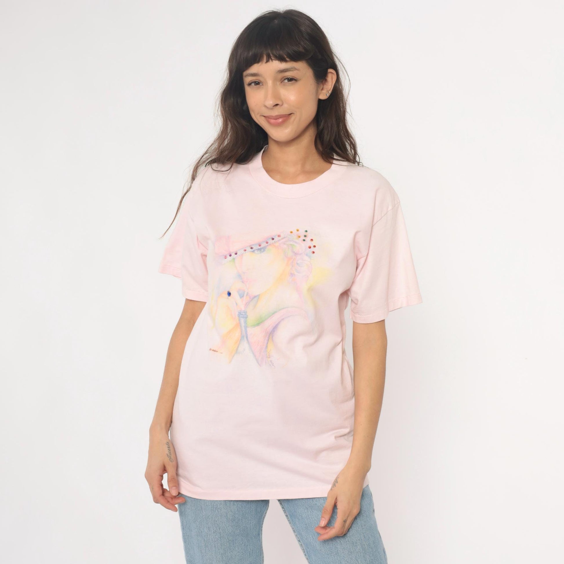 90s Oneita Pink Rhinestone Hat Lady Graphic Tee Large L