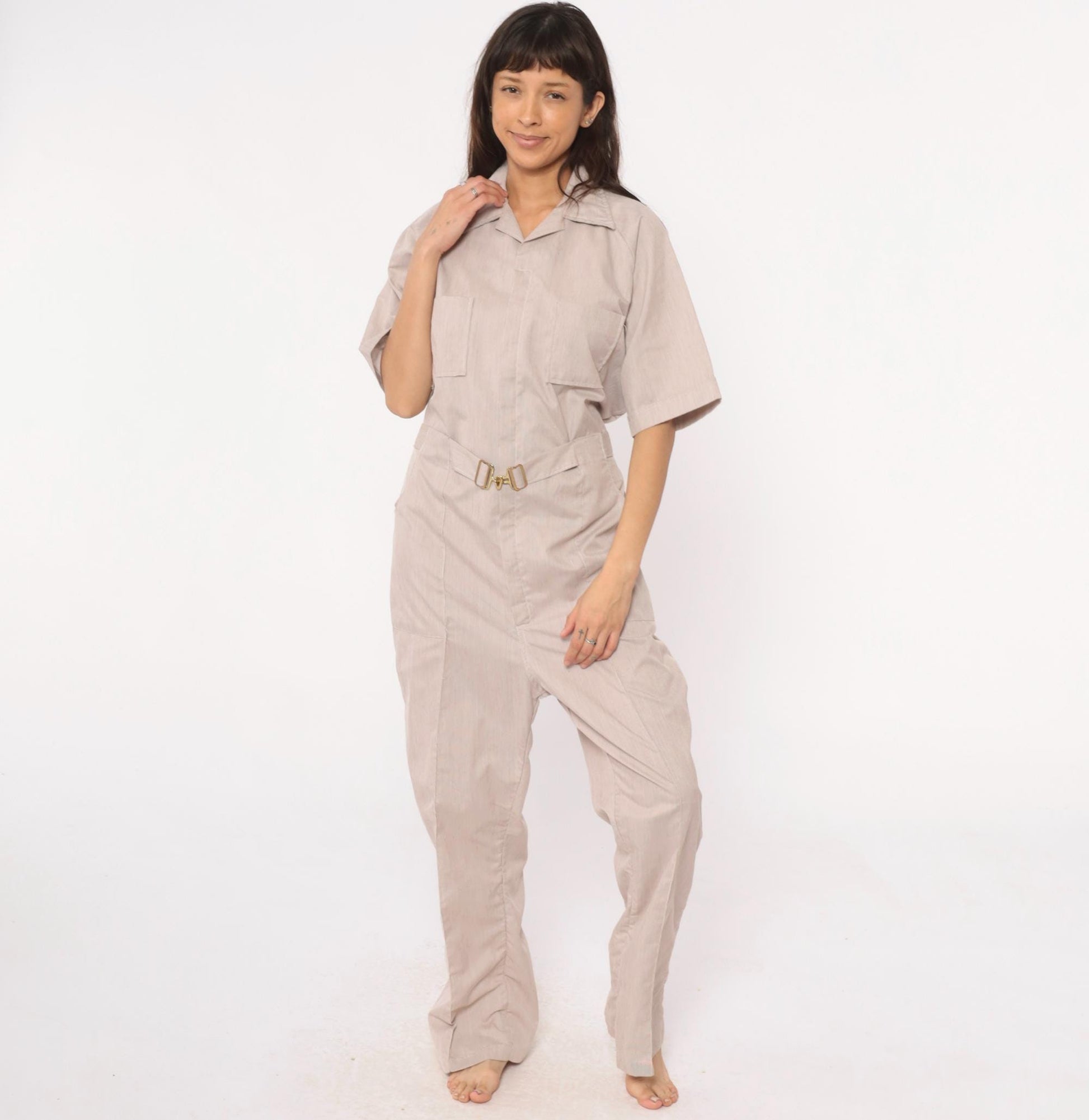 80s Beige Jumpsuit Belted Collared Utility Workwear Coveralls Medium