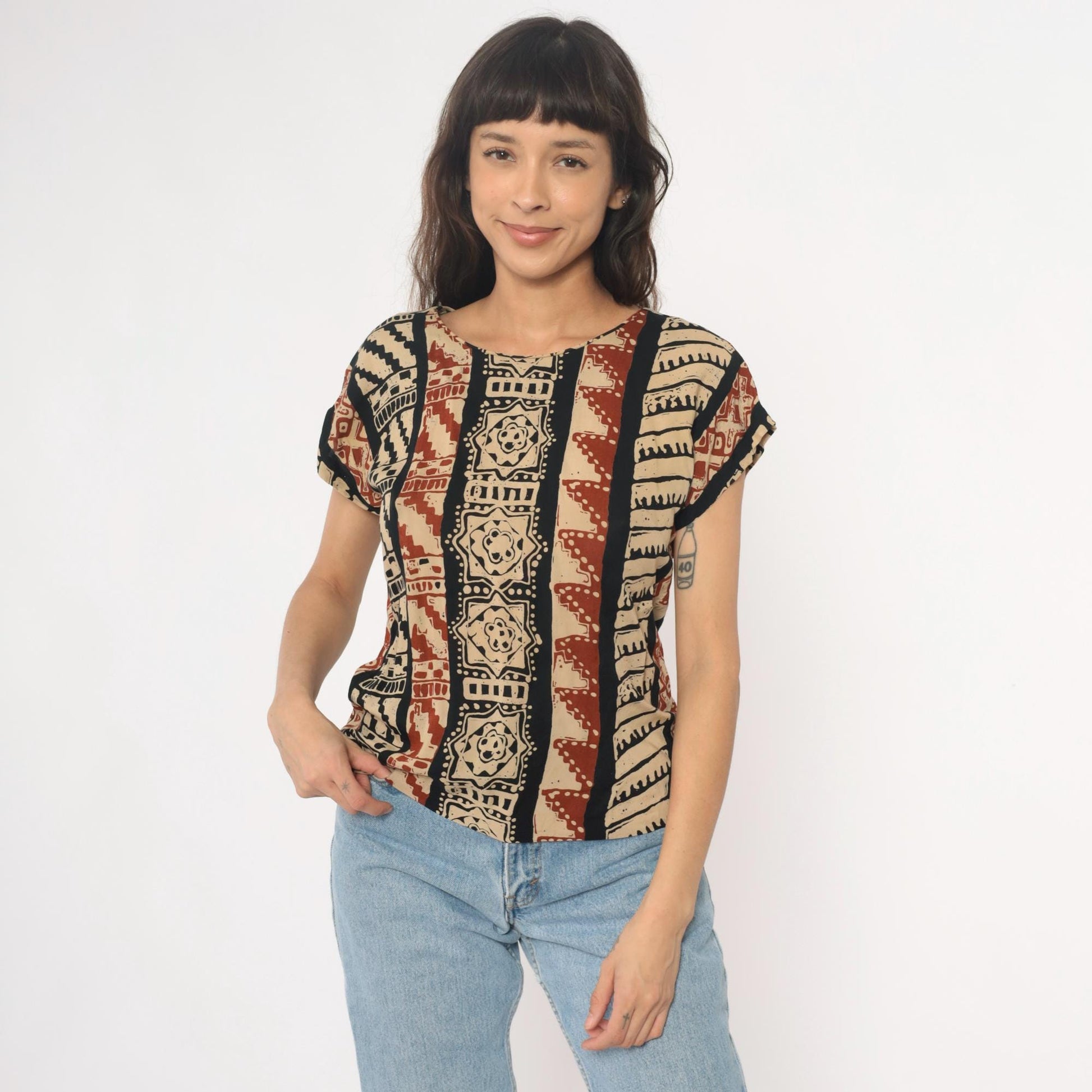 90s Lia G Petites Tribal Geometric Striped Blouse Beige Black Rust Medium