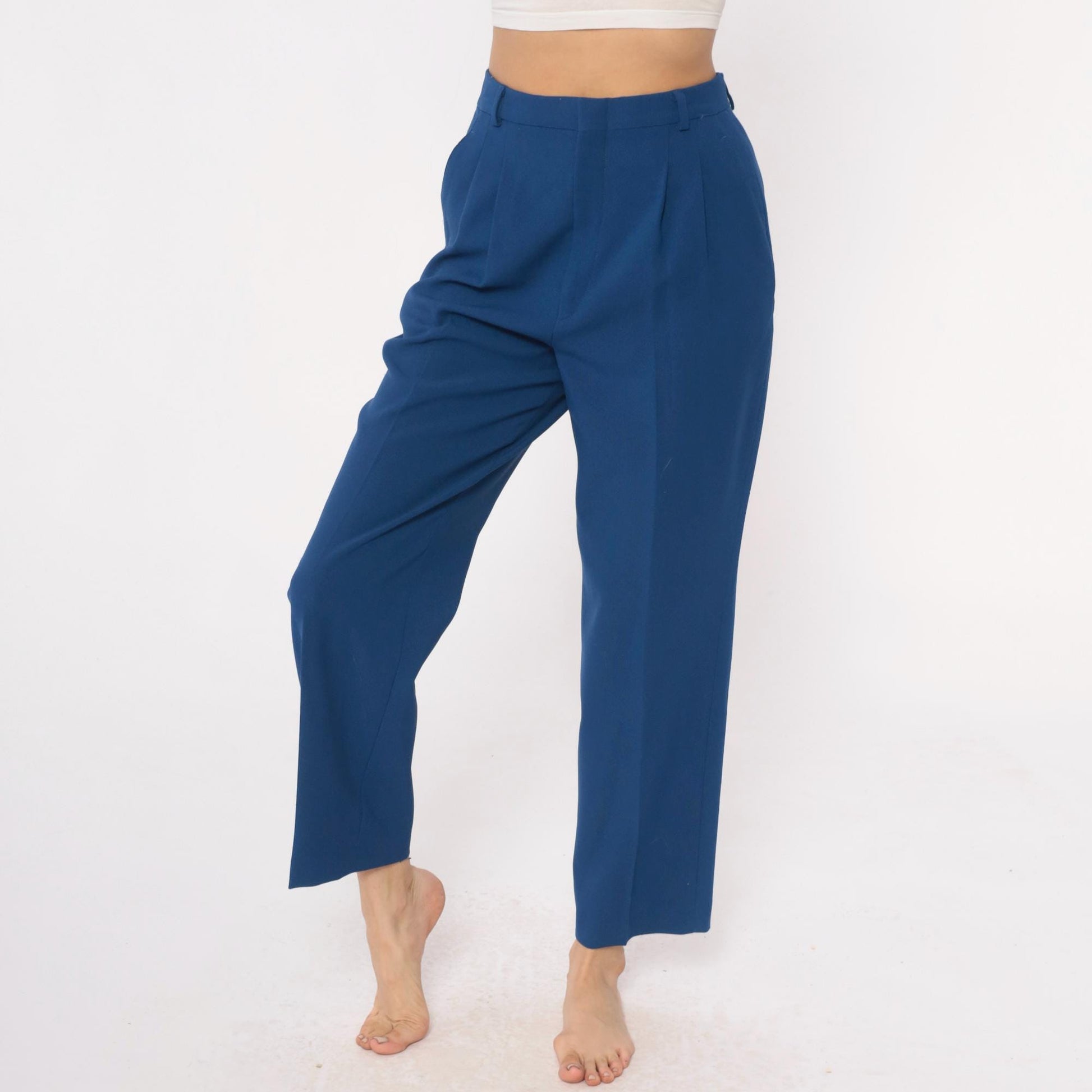 70s Haggar Navy Pleated High-Waist Trousers Ankle Length Medium