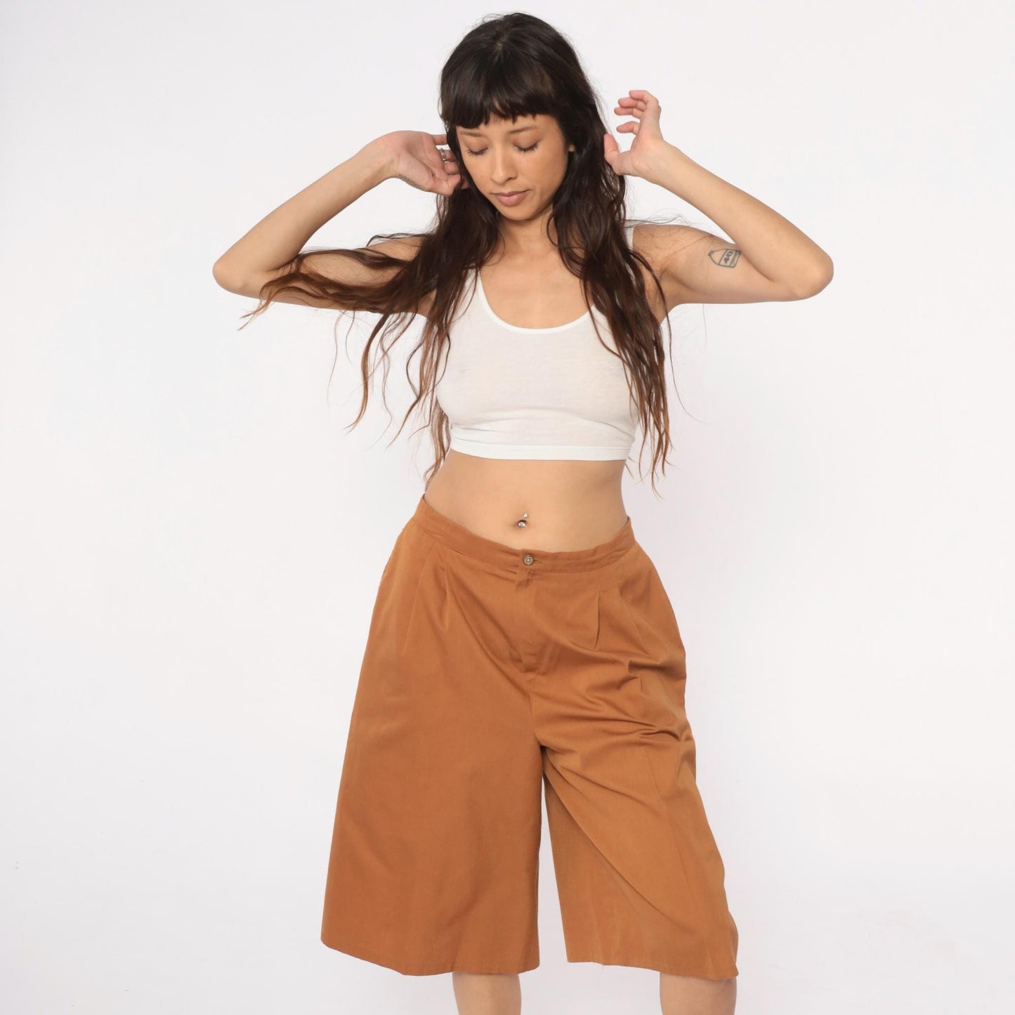 80s Camel Pleated High-Waist Shorts Tailored Wide Leg Medium
