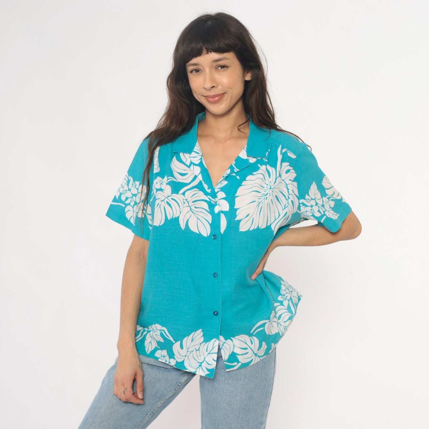 80s Hilo Hattie Hawaiian Shirt Turquoise Monstera Leaf Print Large