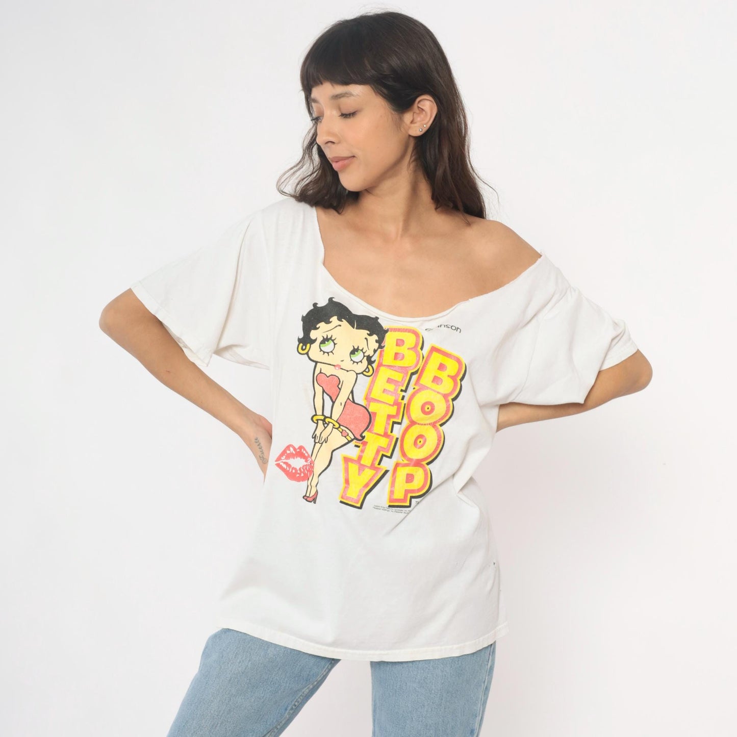 Y2K Betty Boop Graphic Tee White Cotton Off-Shoulder Distressed Extra Large