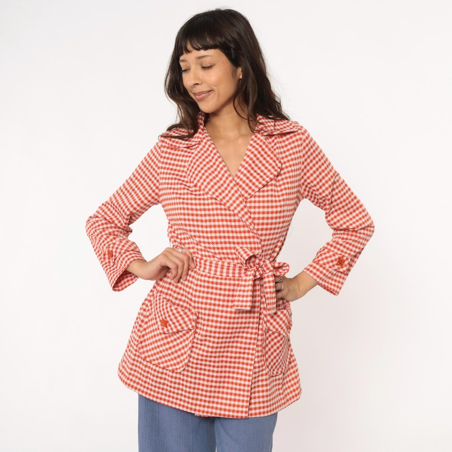 70s Houndstooth Wrap Jacket Red White Checkered Collared Blazer Medium