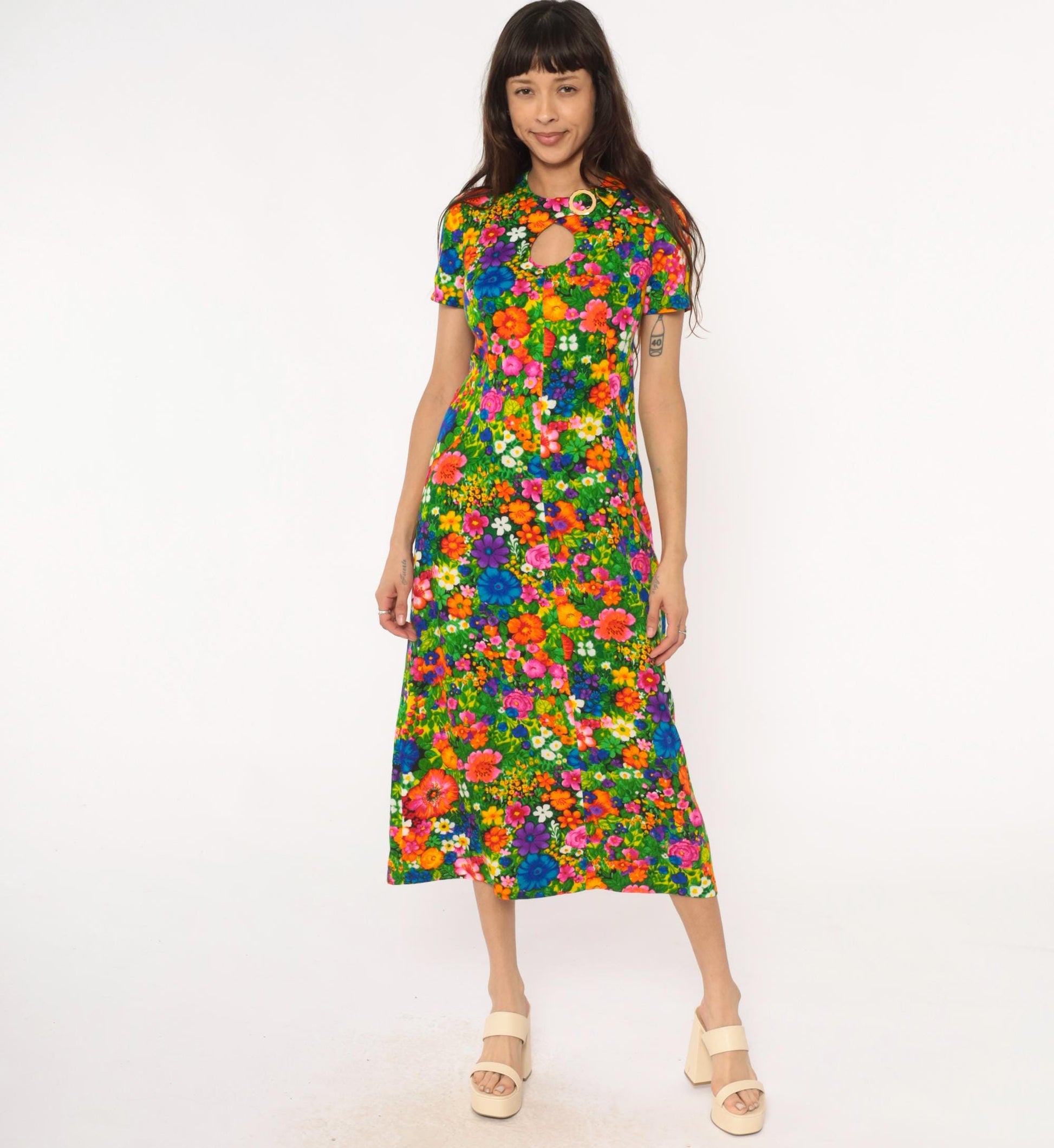 70s Floral Maxi Dress Keyhole Neckline Short Sleeve Cotton Rainbow Small