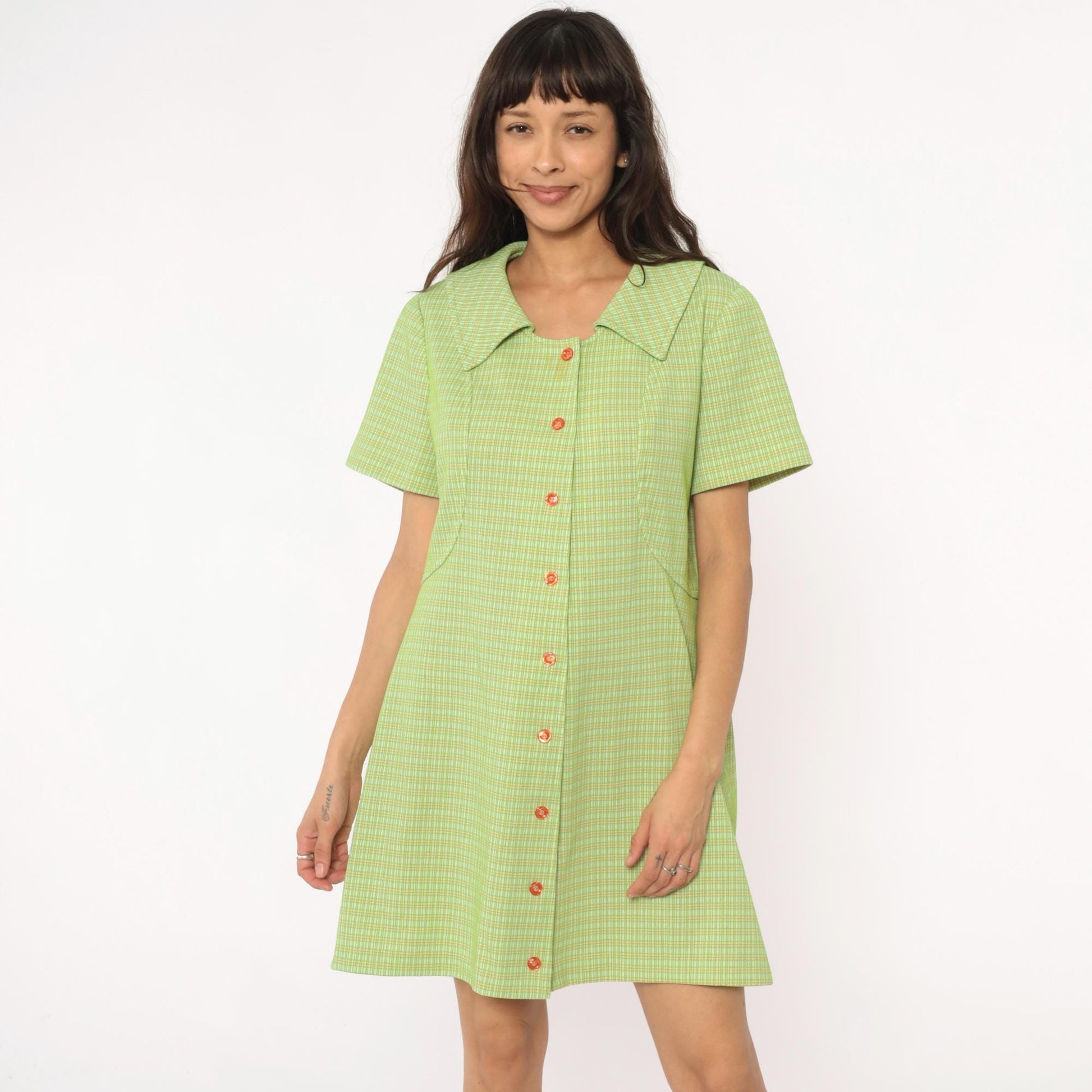 70s Green Yellow Checkered Mini Shift Dress Pointed Collar Short Sleeve Large L