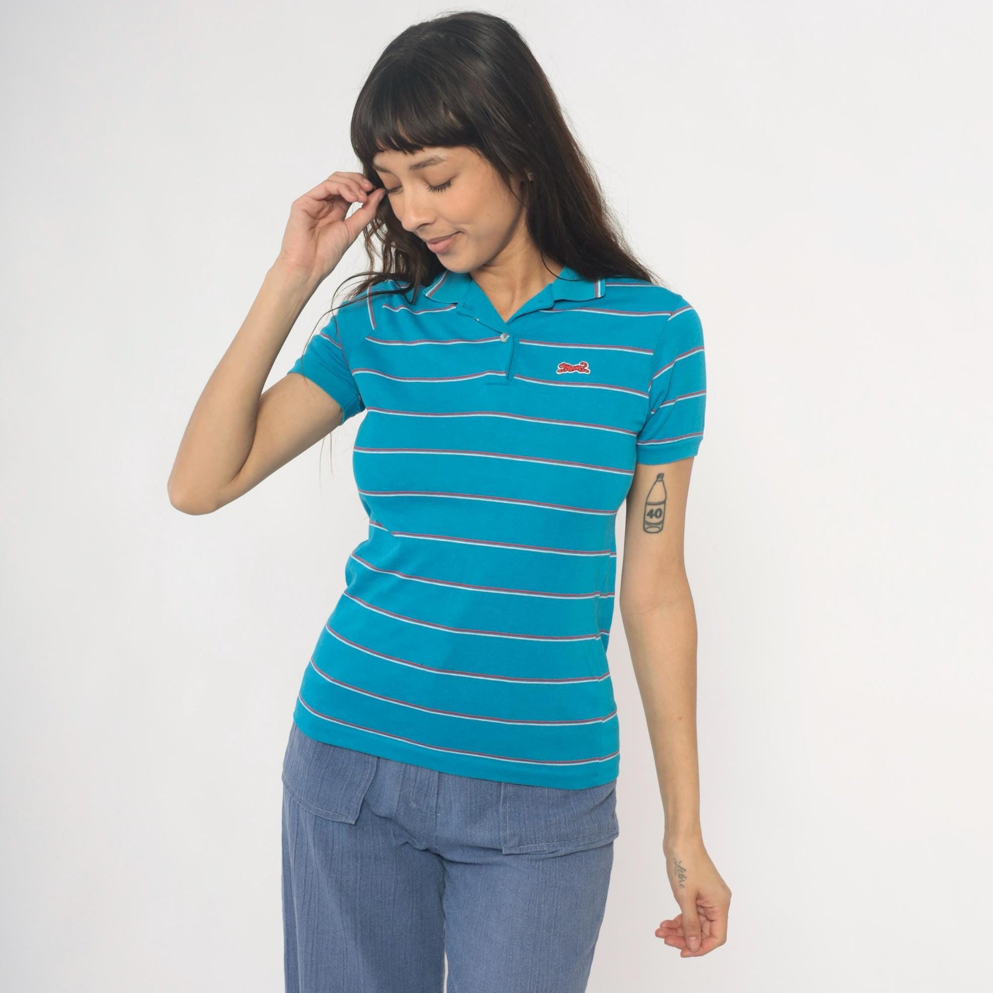 90s Le Tigre Polo Striped Blue Red White Horizontal Collared Shirt Extra Large XL