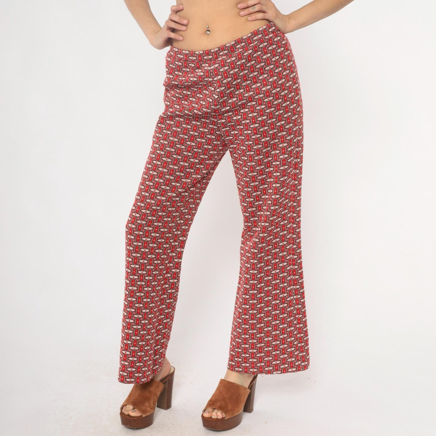 70s Red Lion Geometric Chain Print Straight Leg Trousers Burgundy Medium M
