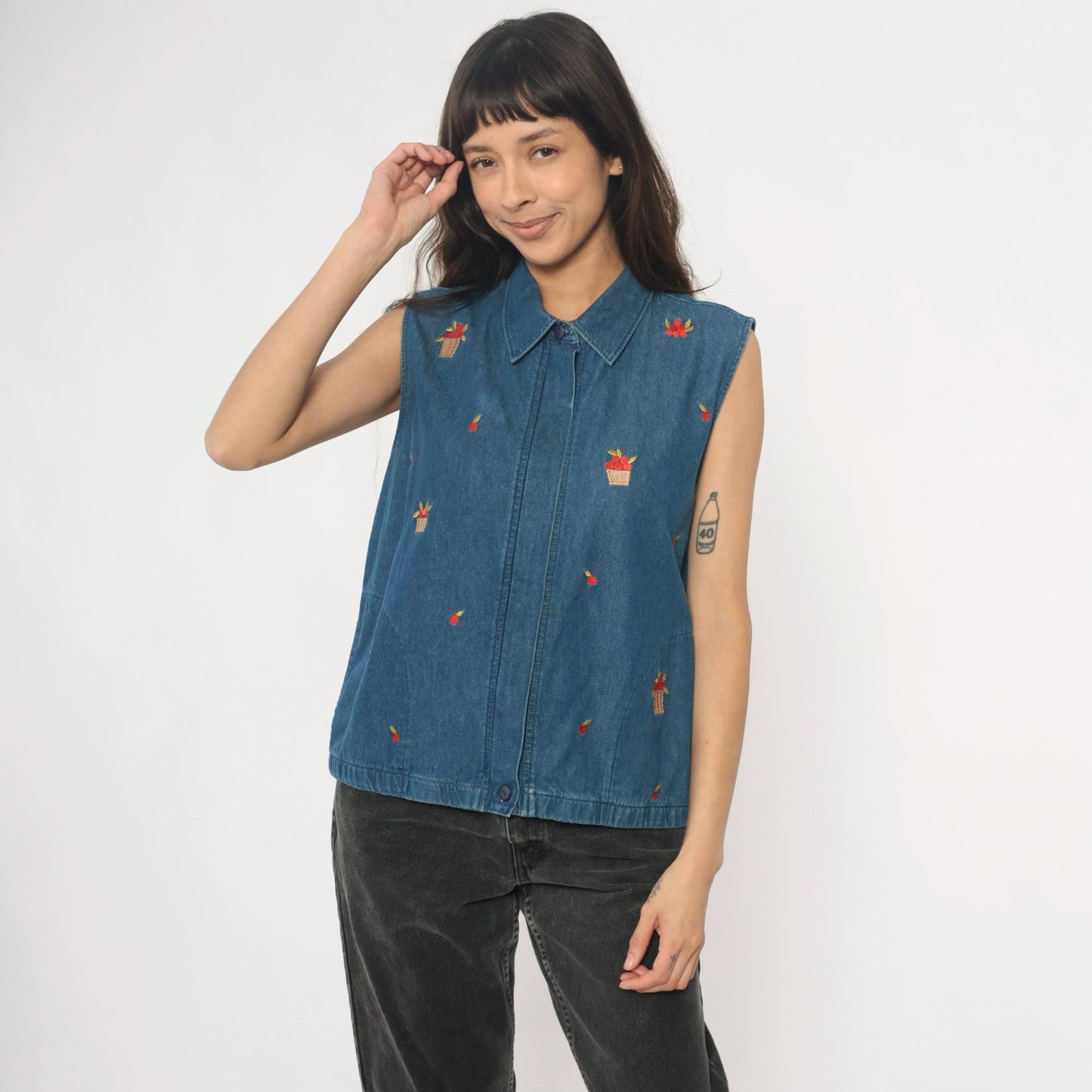 90s Allison Daley Denim Vest Embroidered Apple Basket Blue Collared Medium