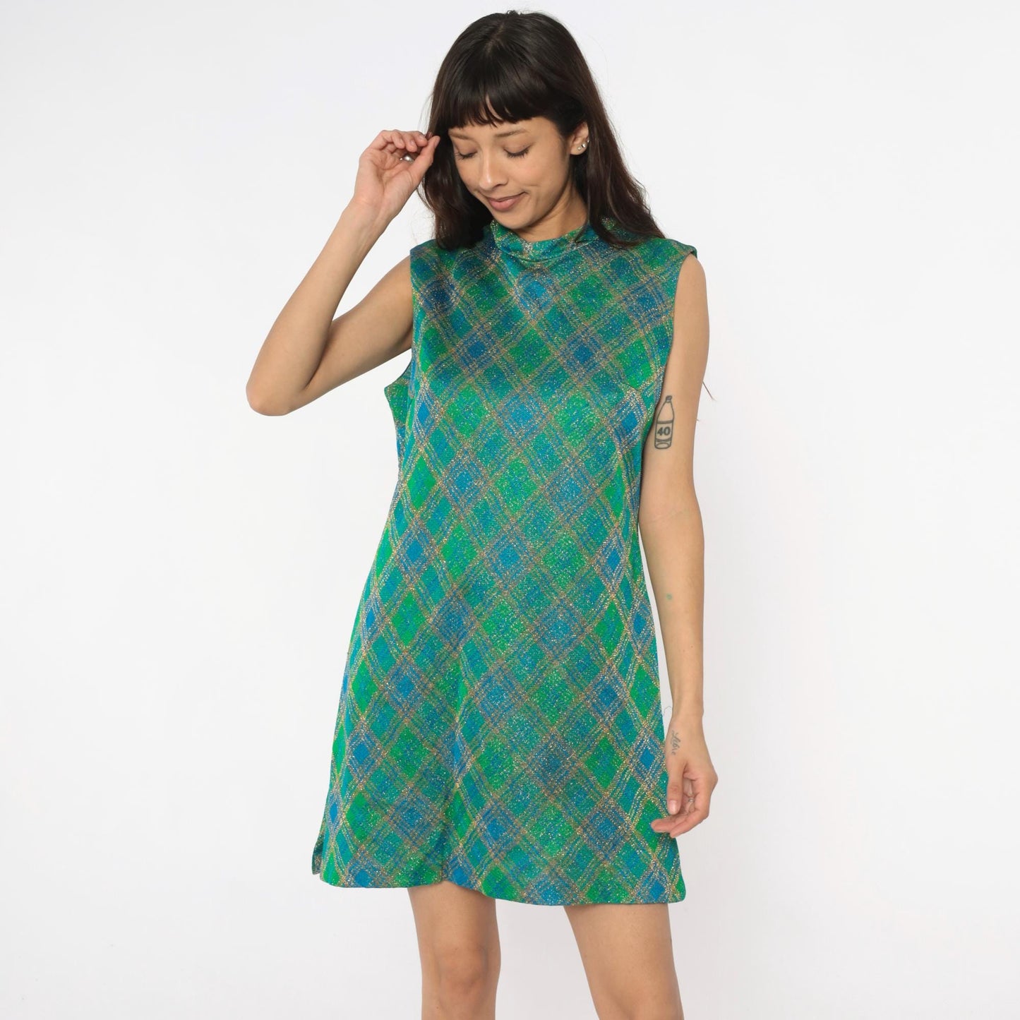 60s Metallic Plaid Shift Dress Blue Green Gold Mock Neck Mini Large L
