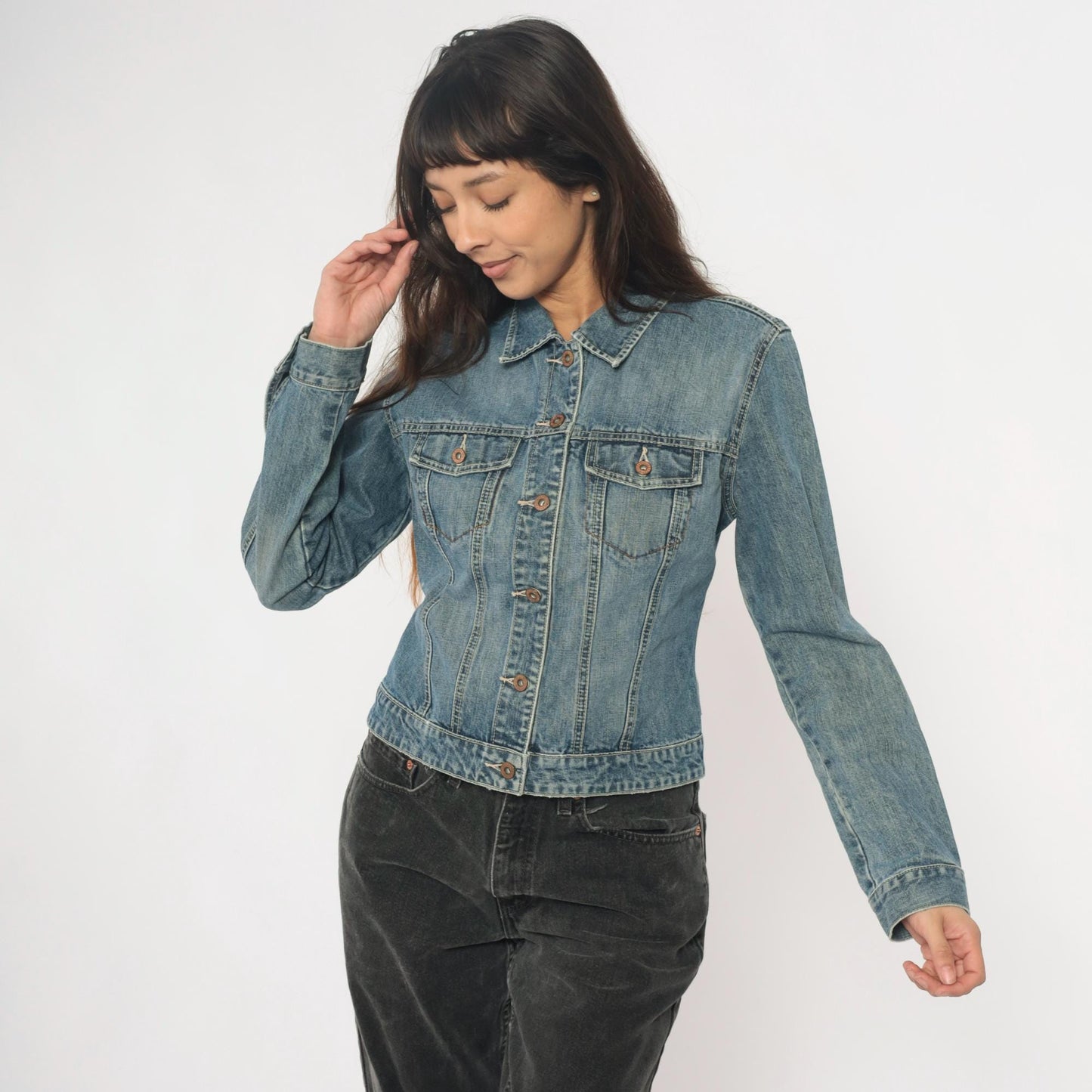 Y2K Gap Light Wash Denim Jacket Princess Seam Fitted Cropped Medium M