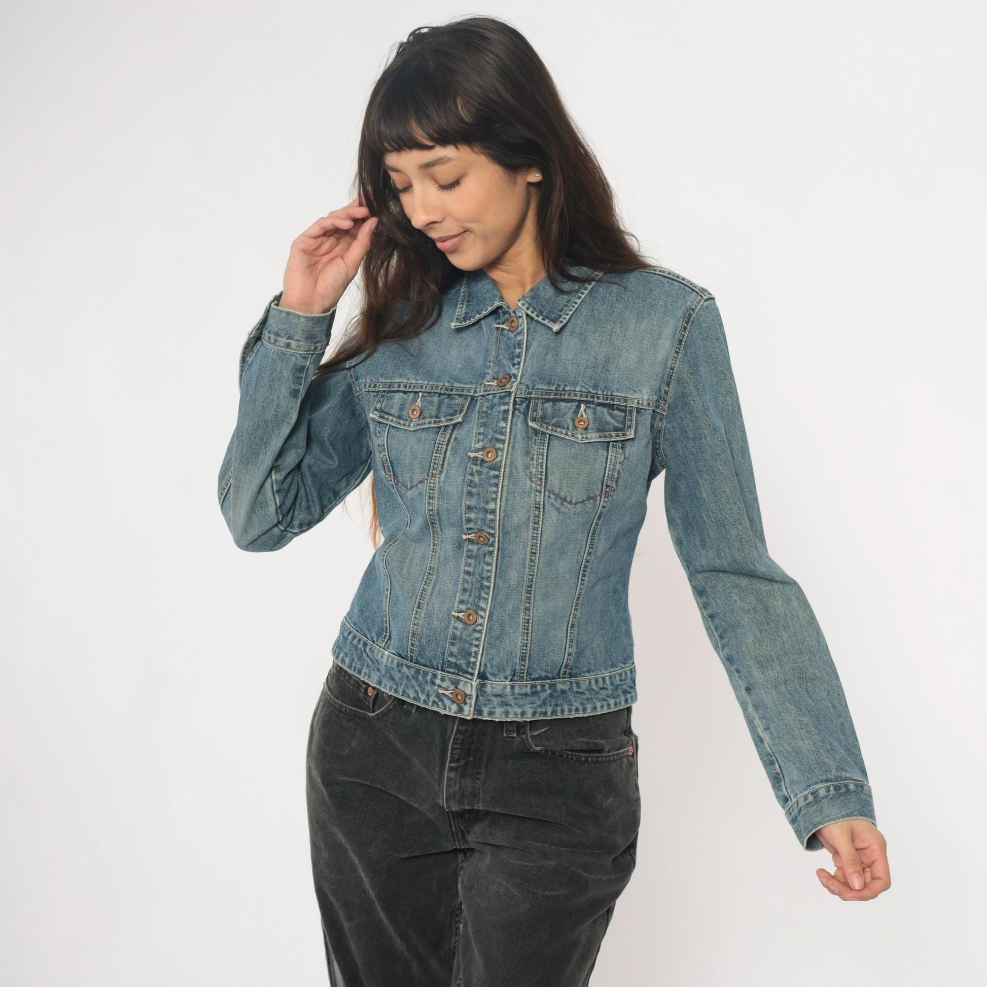 Y2K Gap Light Wash Denim Jacket Princess Seam Fitted Cropped Medium M