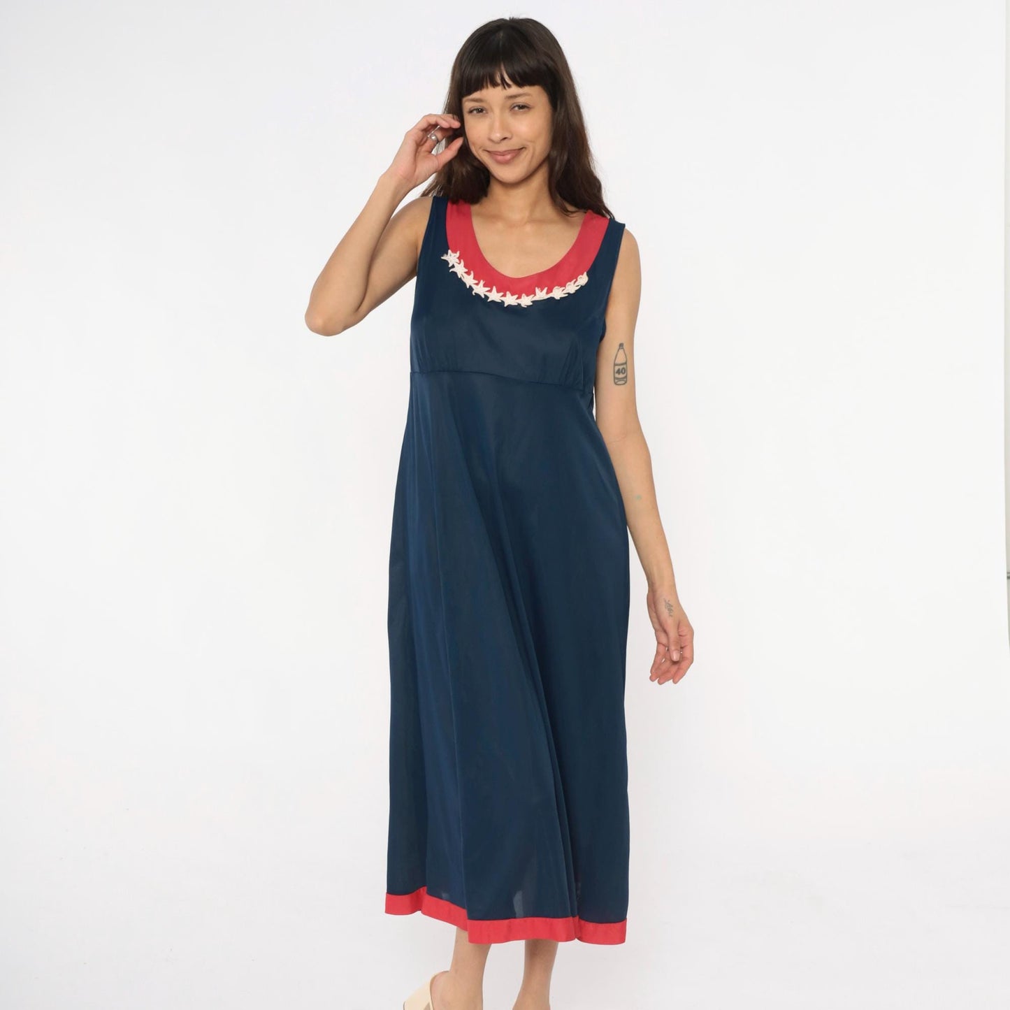 70s Navy Maxi Dress Stars Embroidered Red Trim Empire Waist Medium