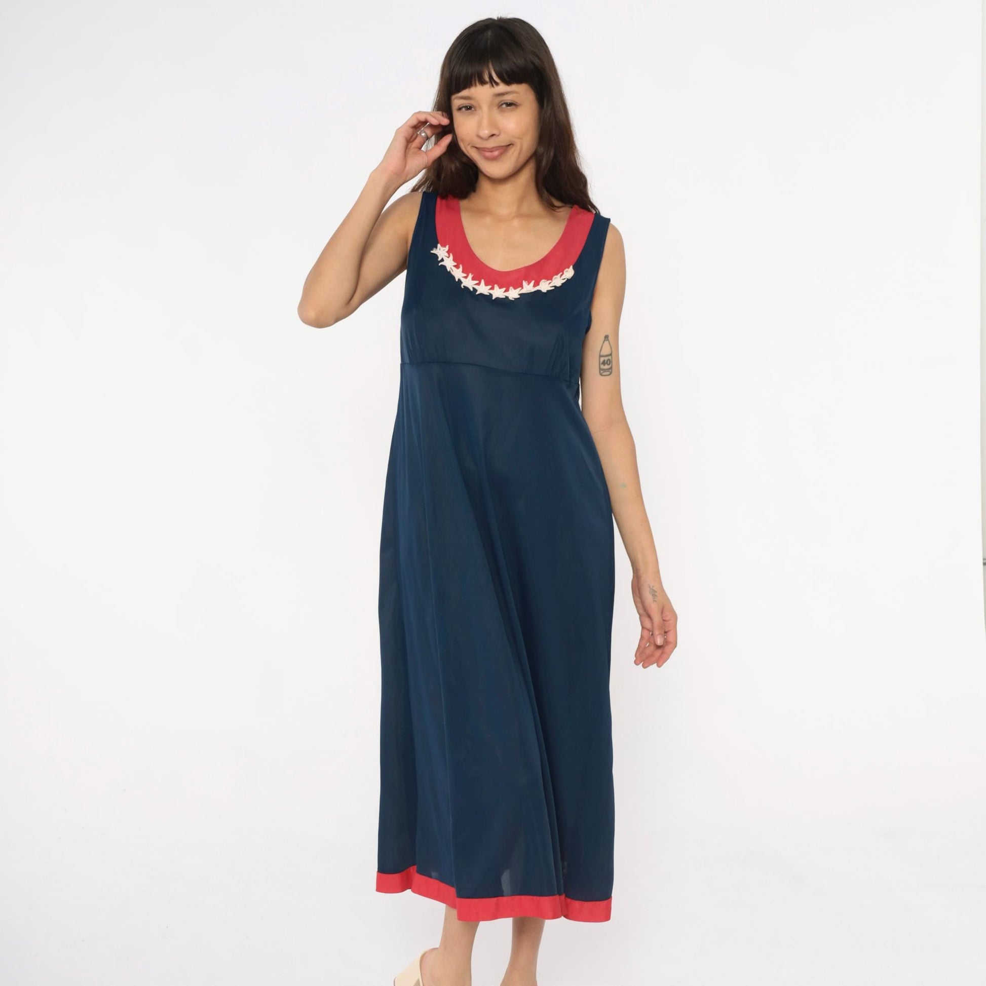 70s Navy Maxi Dress Stars Embroidered Red Trim Empire Waist Medium