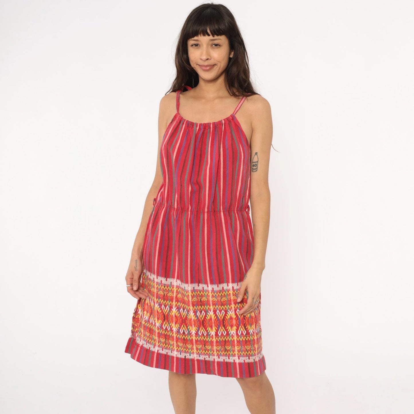 90s Red Striped Cotton Sundress Tribal Ikat Border Tie Strap Large