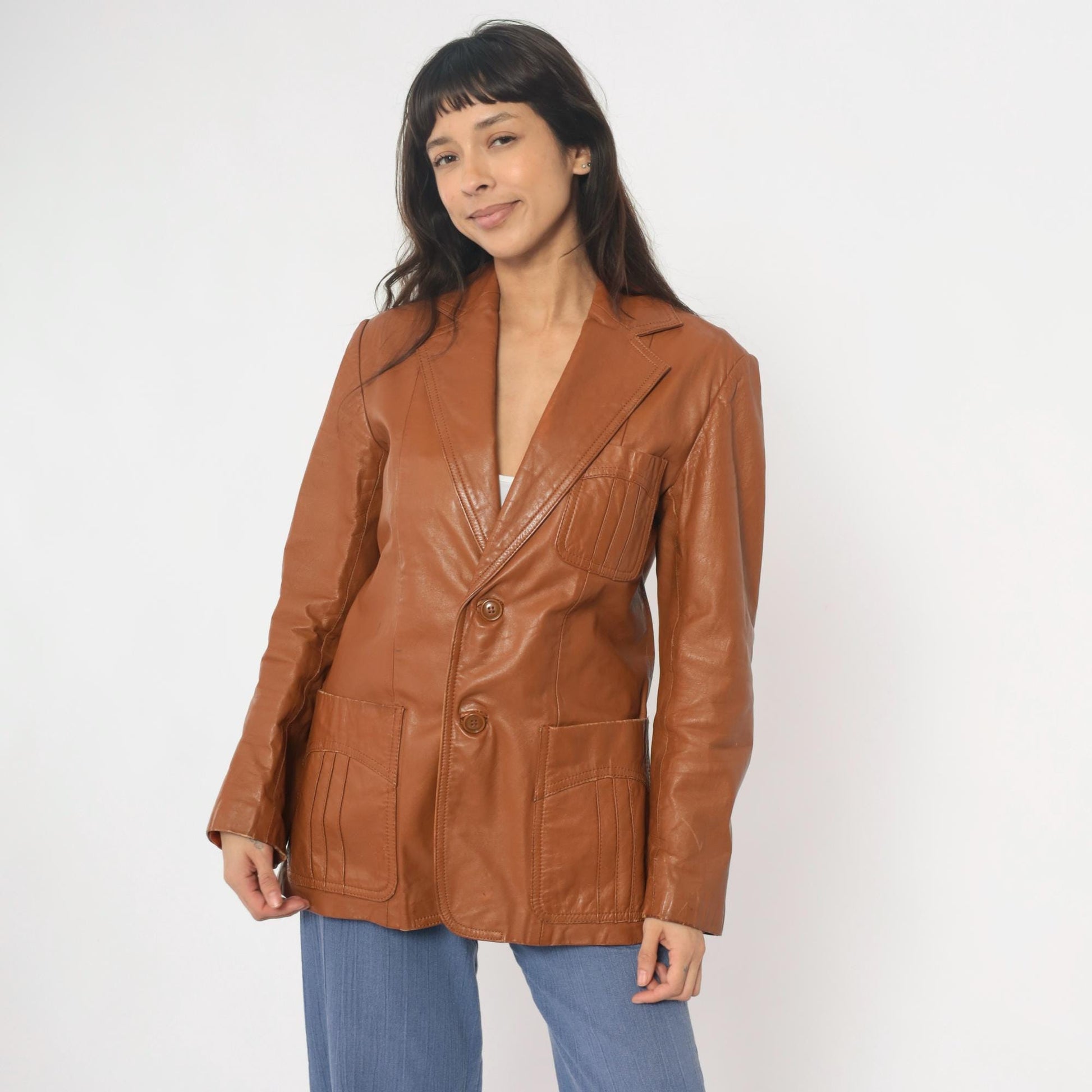 70s Leather of Distinction Tan Leather Blazer Notched Lapel Medium