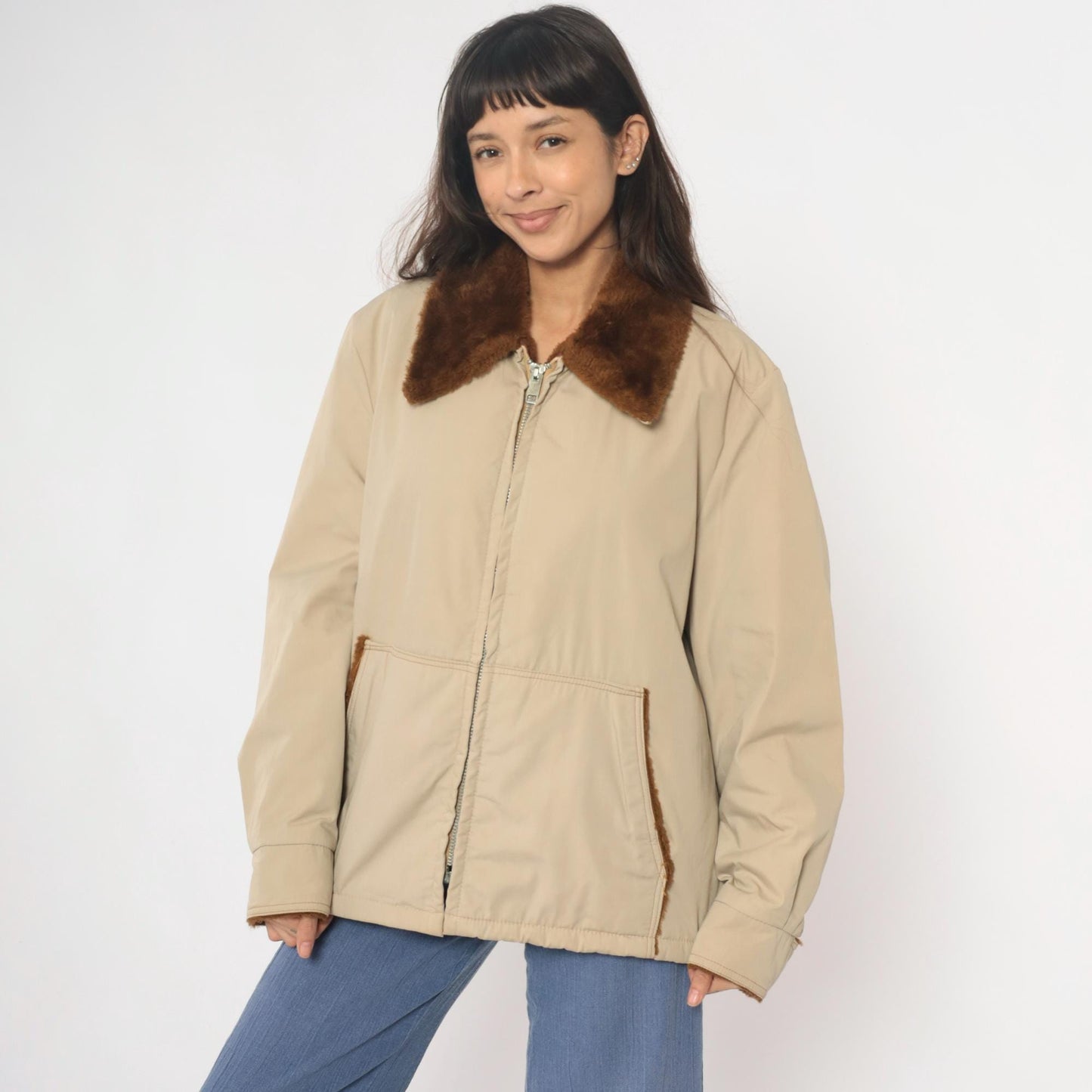 80s Weathercastle Bomber Jacket Beige Faux Fur Collar Lined Large