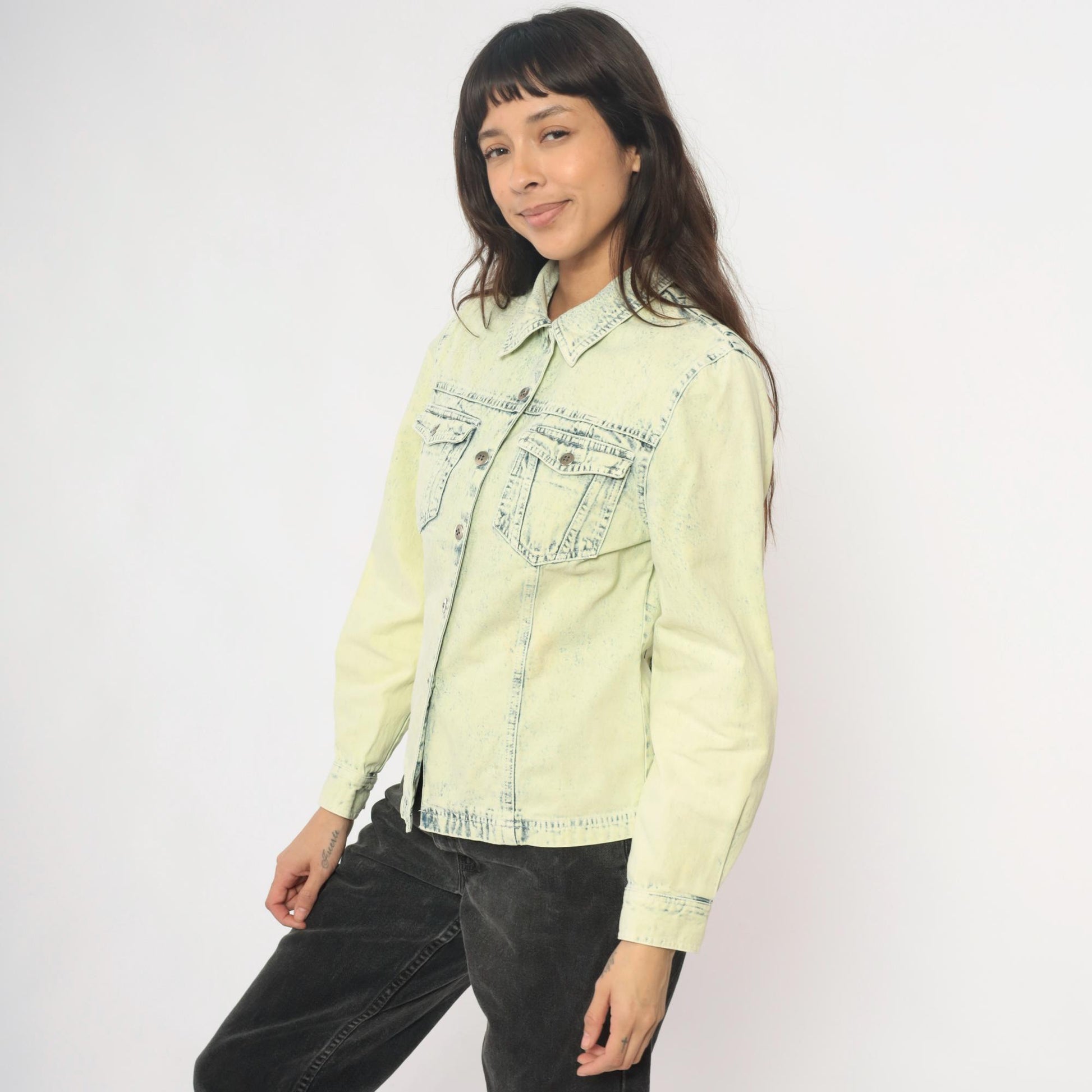 90s Get Together Acid Wash Denim Shirt Yellow Cotton Small