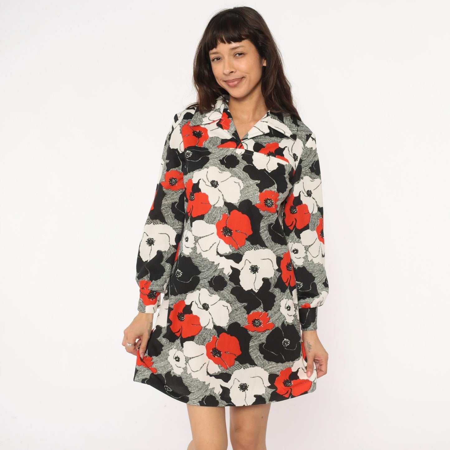 70s Floral Shift Dress Red Black White Poppy Print Collared Long Sleeve Large L
