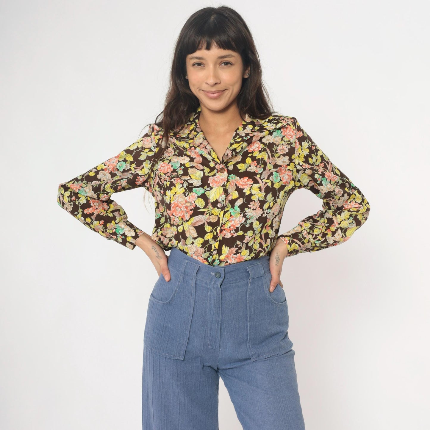 70s Pykettes Floral Blouse Brown Psychedelic Print Collared Long Sleeve Medium