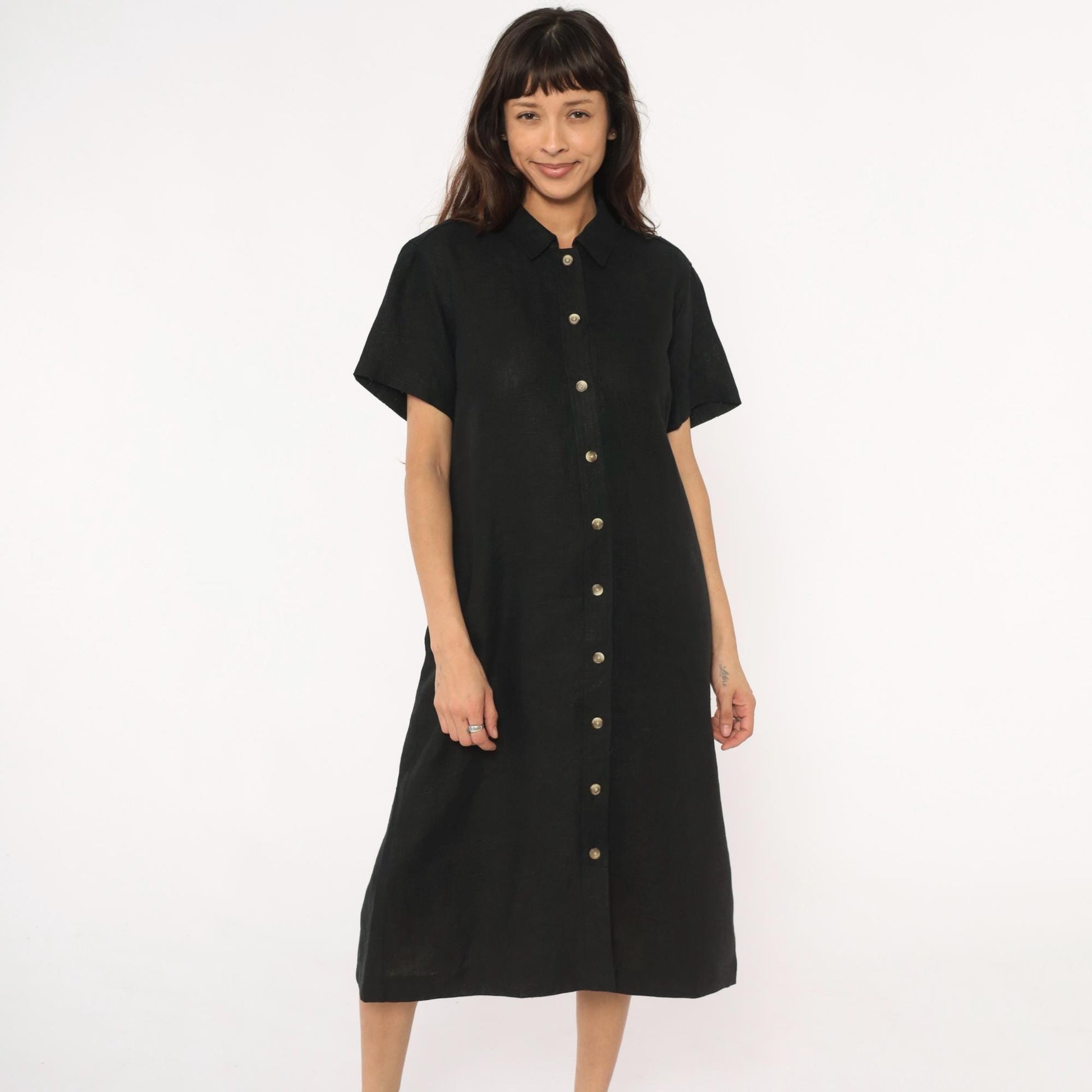 90s Harve Benard Black Linen Midi Shirt Dress Button Front Collar Large L