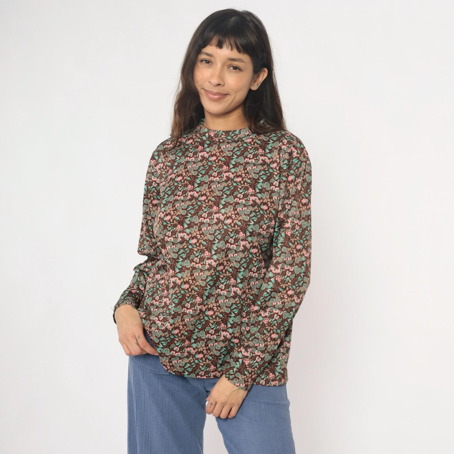 70s Floral Pullover Blouse Brown Pink Mint Crew Neck Long Sleeve Medium