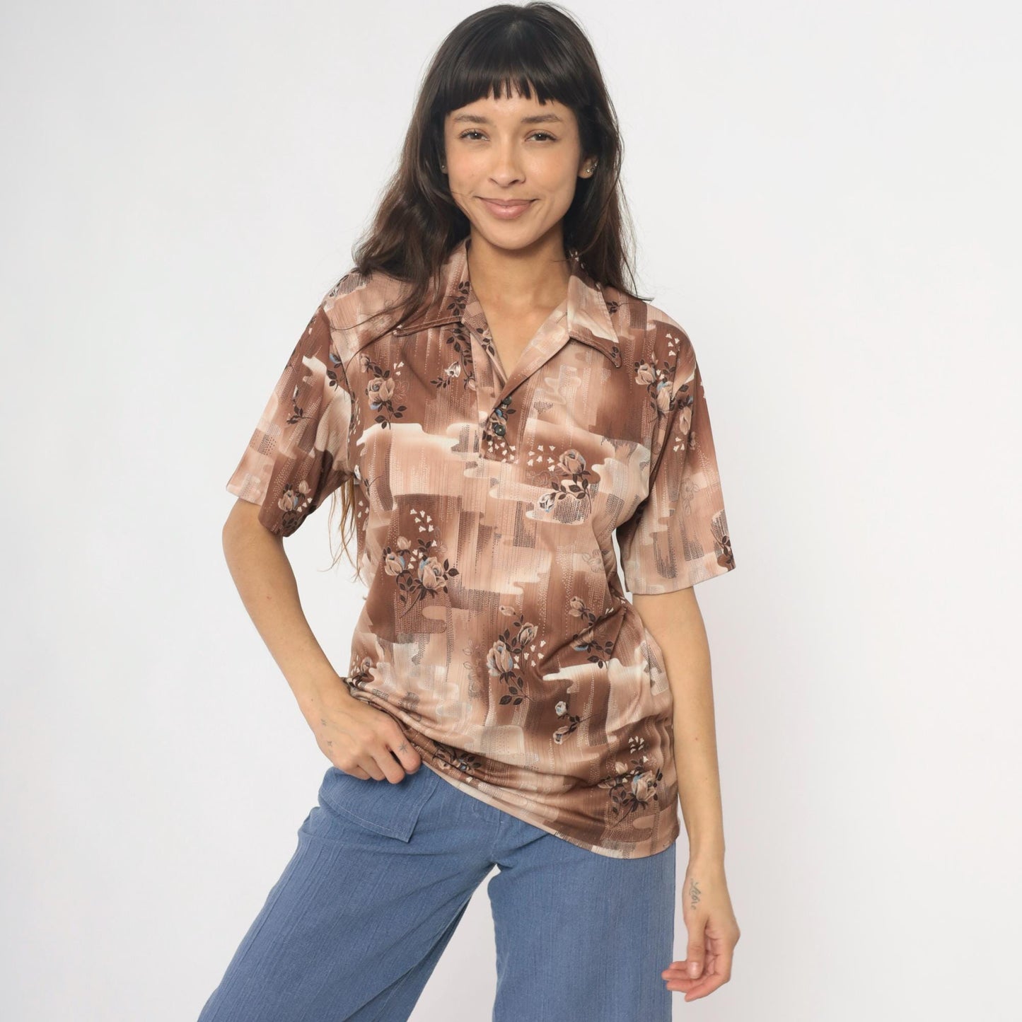 70s Stuart Mann Floral Button-Up Blouse Brown Tan Roses Geometric Medium M