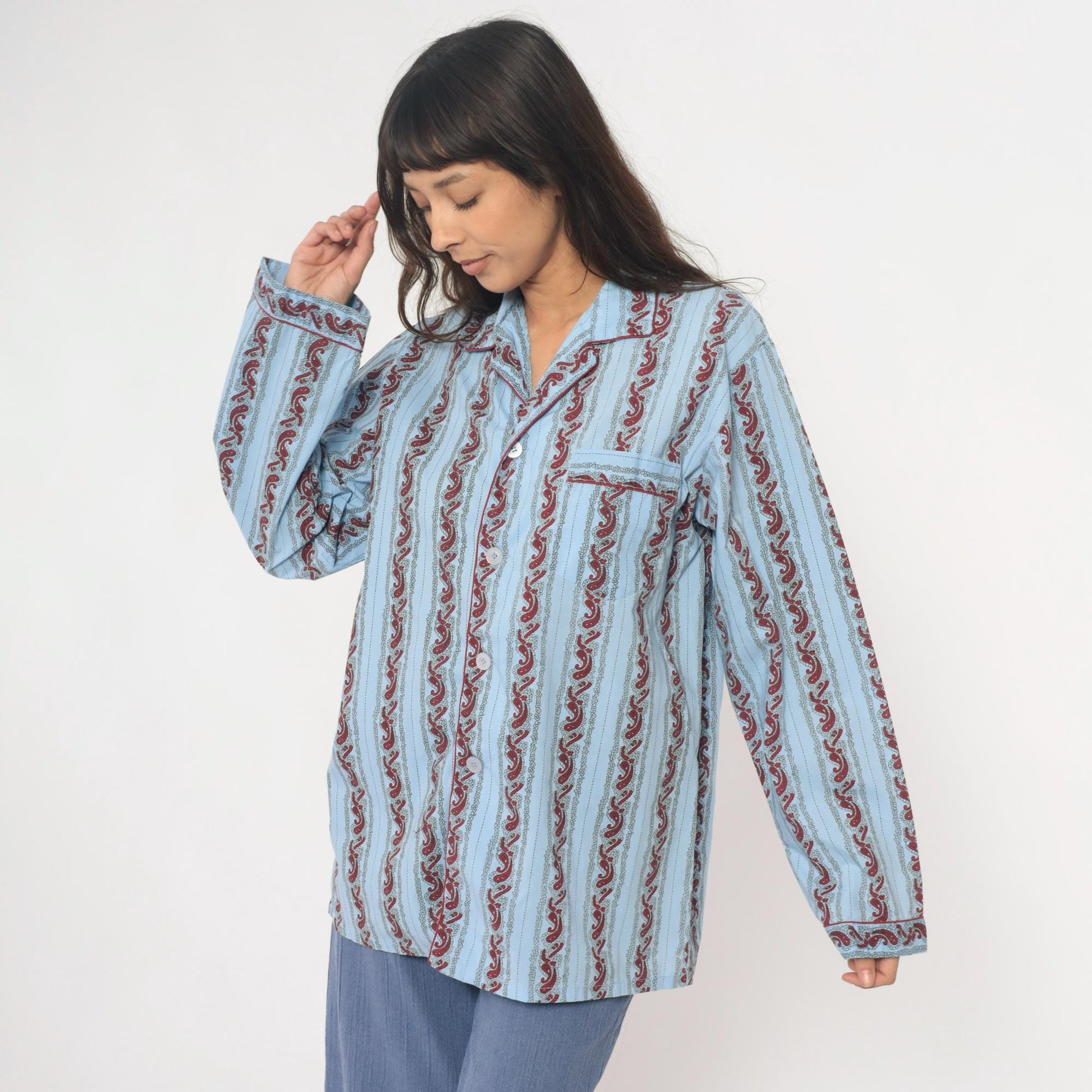 90s Paisley Stripe Pajama Shirt Light Blue Burgundy Cotton Notched Collar Large