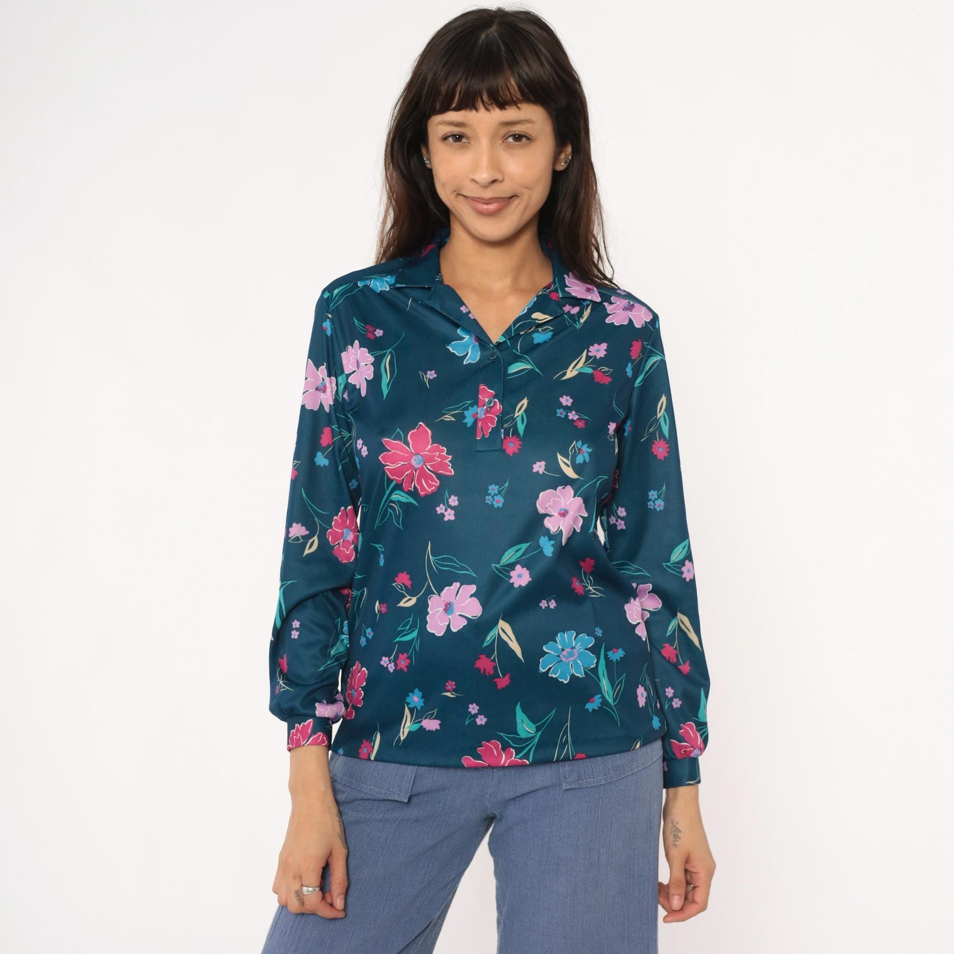 80s Teal Floral Blouse Navy Pink Purple Flowers Long Sleeve Button Up Medium