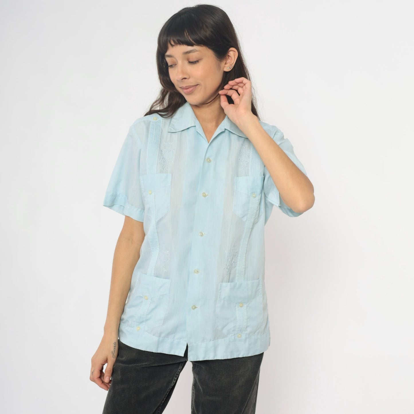 80s Light Blue Mexican Embroidered Pintuck Camp Collar Shirt Large L