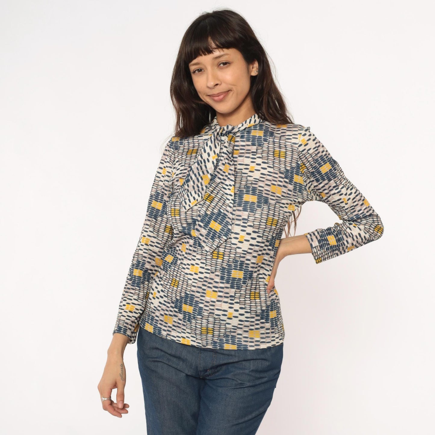 70s Sears Geometric Print Pussy Bow Blouse Navy Mustard Cream Small