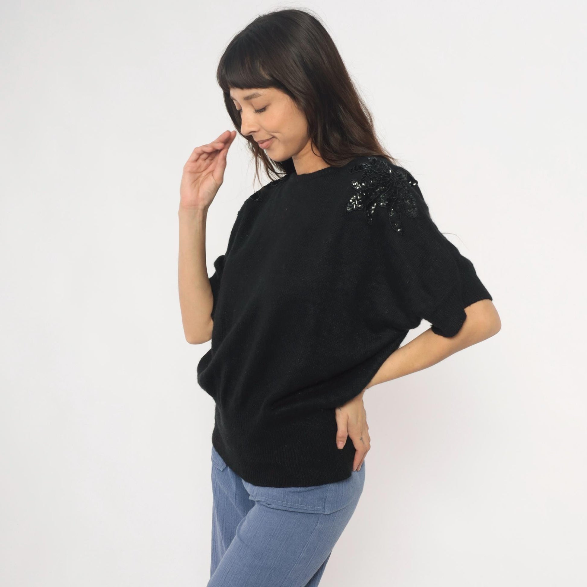 90s Justin B Jones Black Sequin Shoulder Knit Sweater Medium M