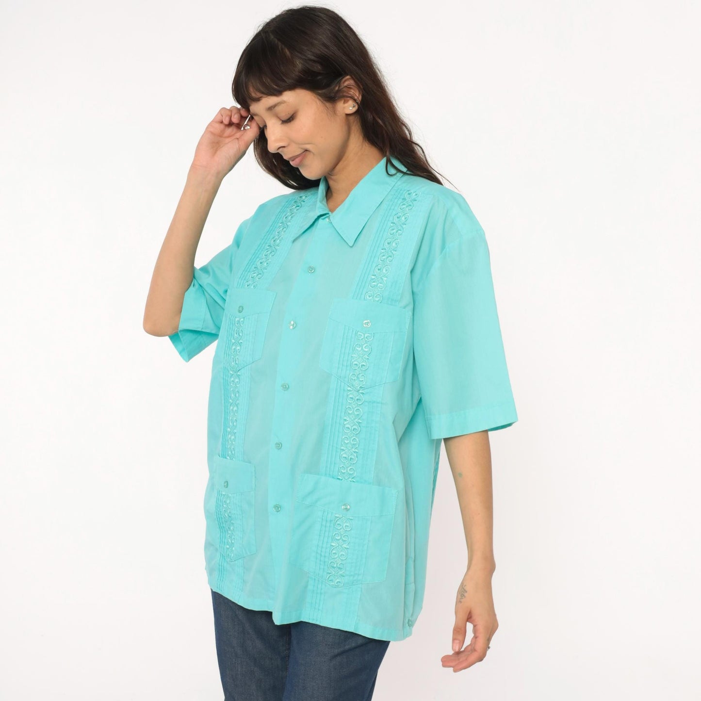 80s Tropicool Aqua Embroidered Pintuck Short Sleeve Shirt Medium