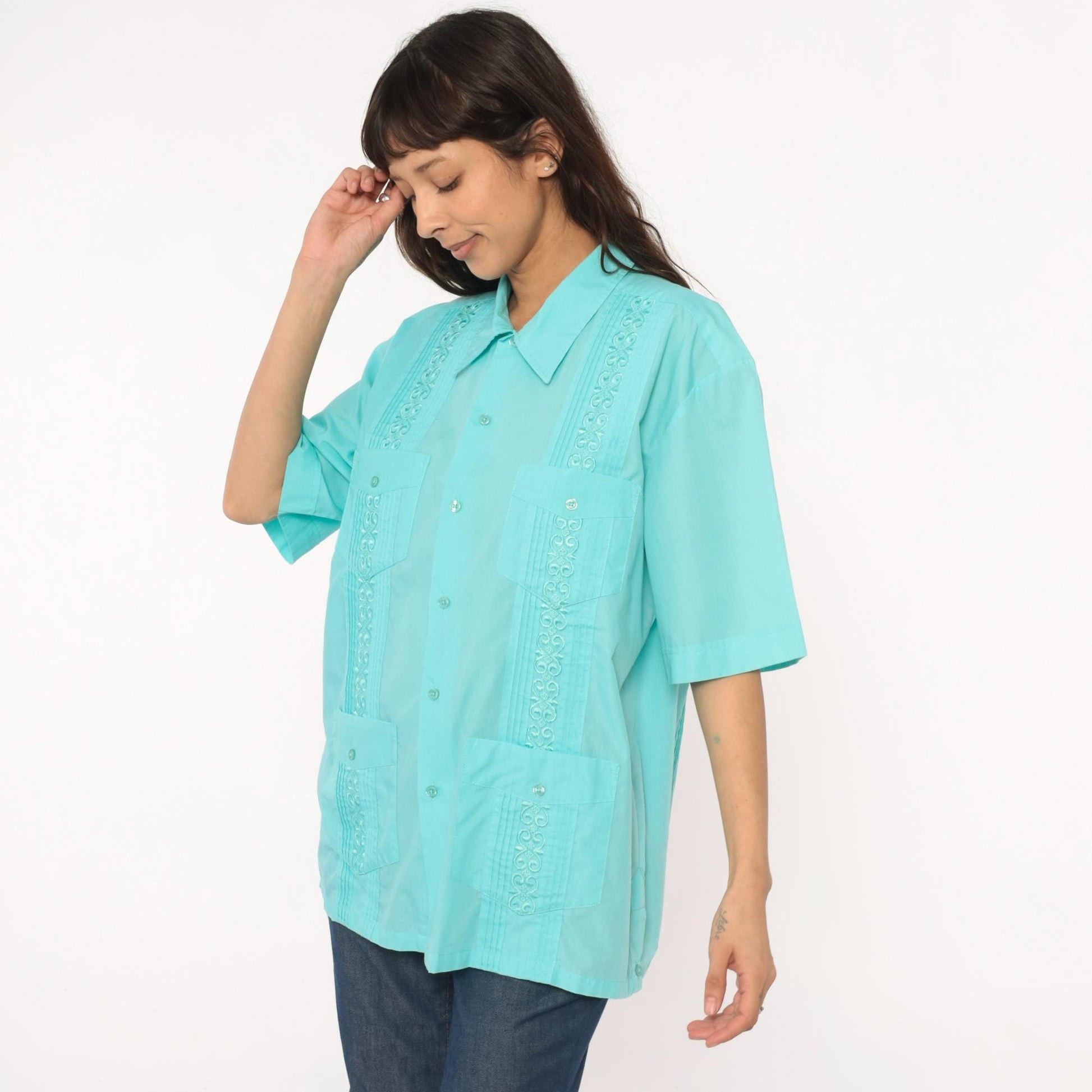 80s Tropicool Aqua Embroidered Pintuck Short Sleeve Shirt Medium