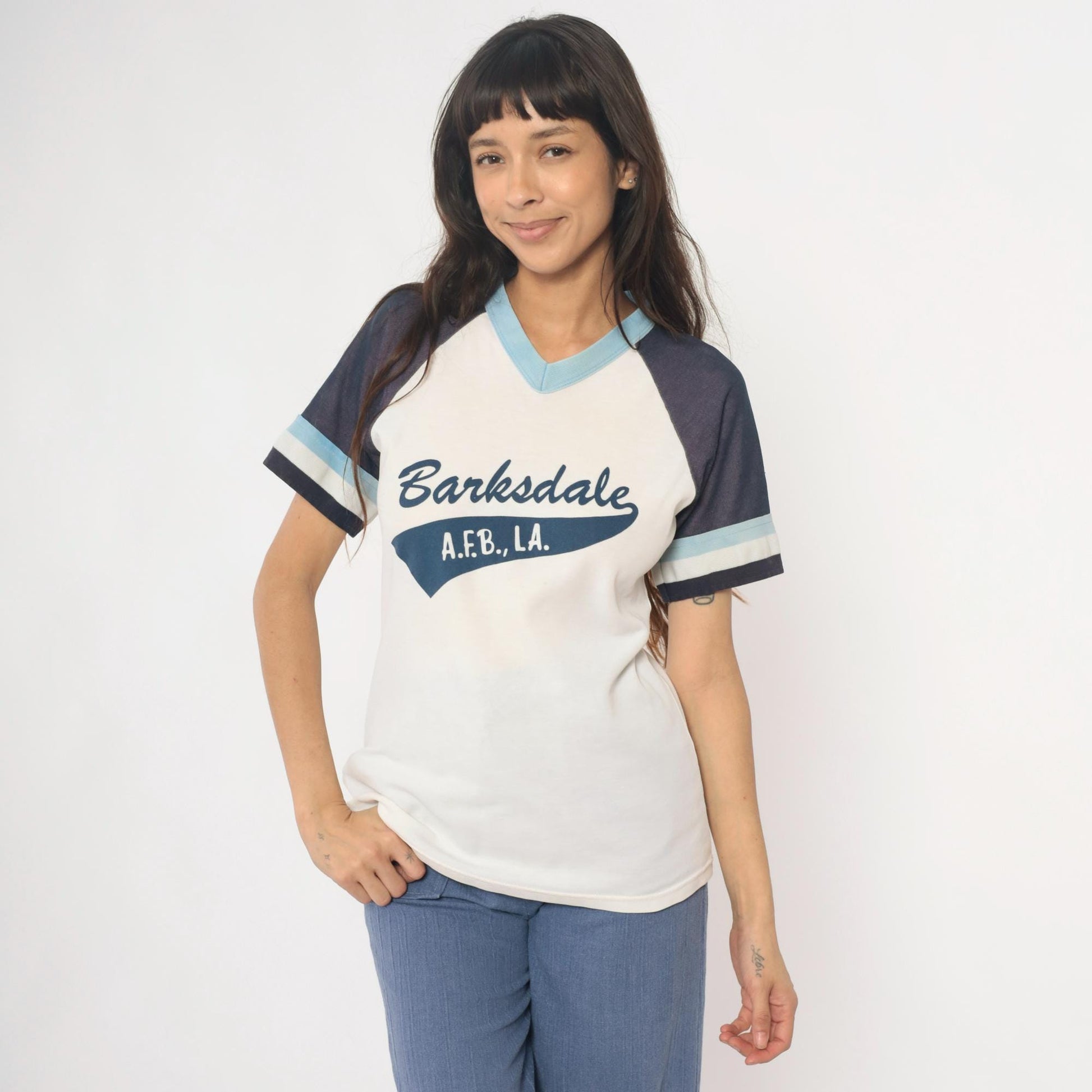 80s Barksdale A.F.B. Raglan Jersey Number 24 White Navy V-Neck Small