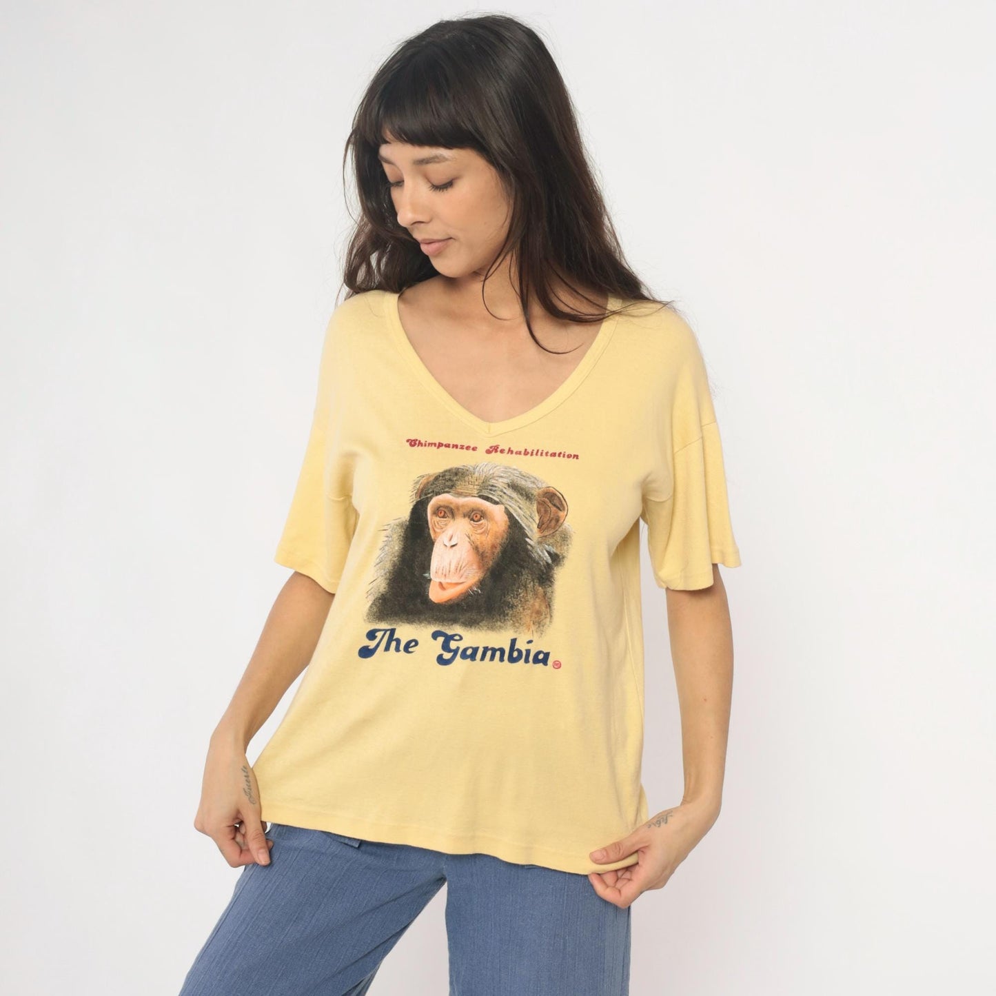 80s Chimpanzee Rehabilitation The Gambia Yellow Cotton V-Neck Tee Large L