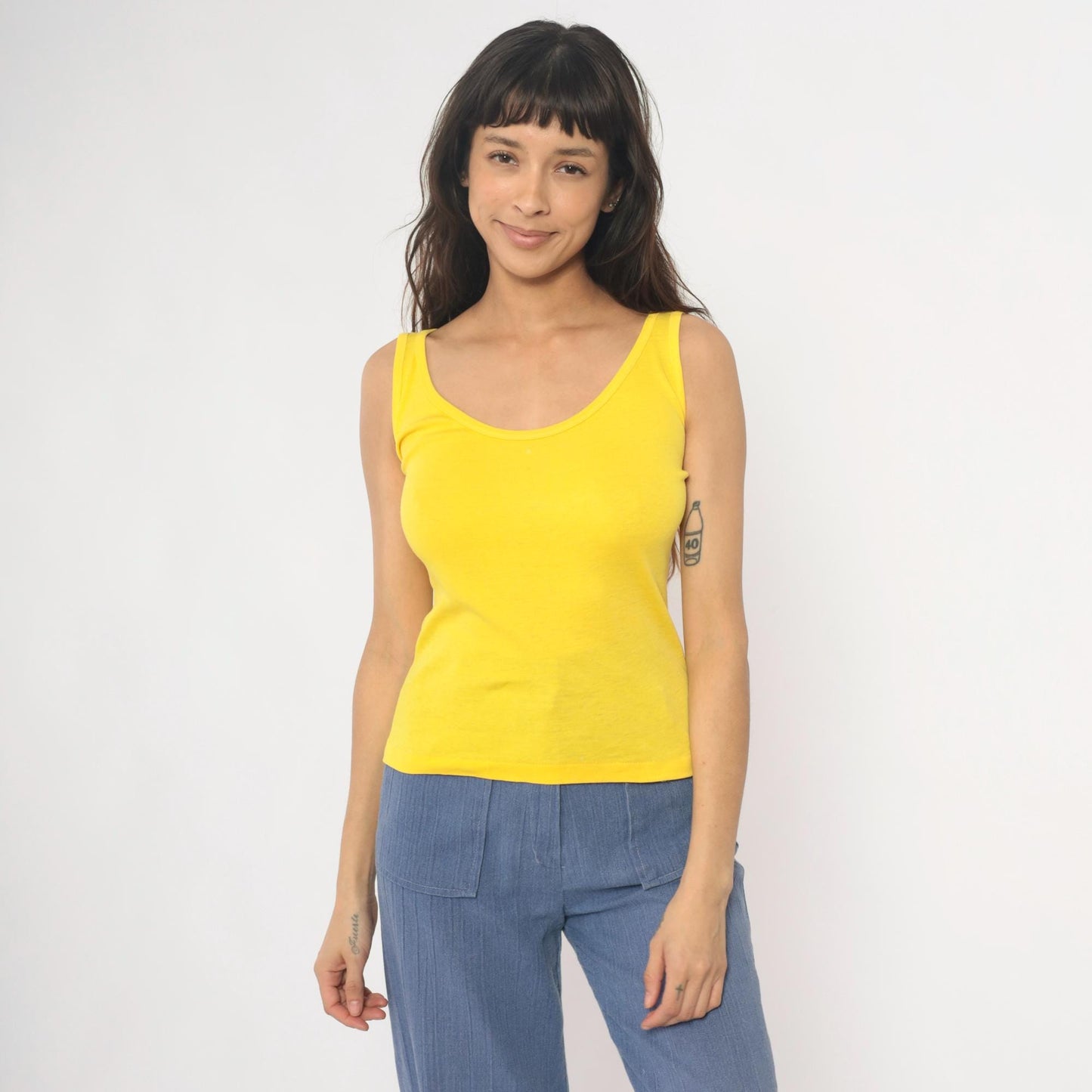 80s Yellow Scoop Neck Tank Top Fitted Cotton Blend Medium M