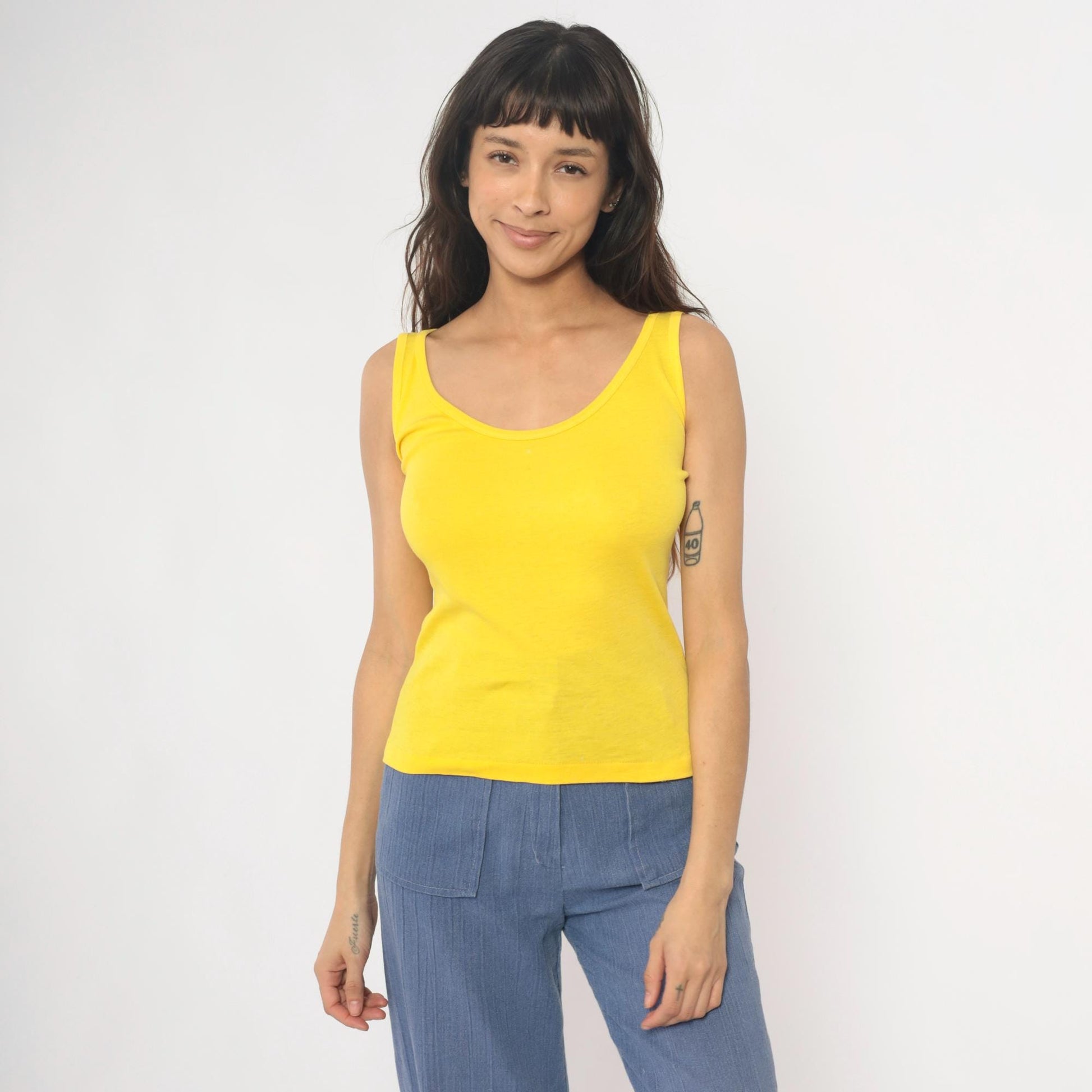 80s Yellow Scoop Neck Tank Top Fitted Cotton Blend Medium M