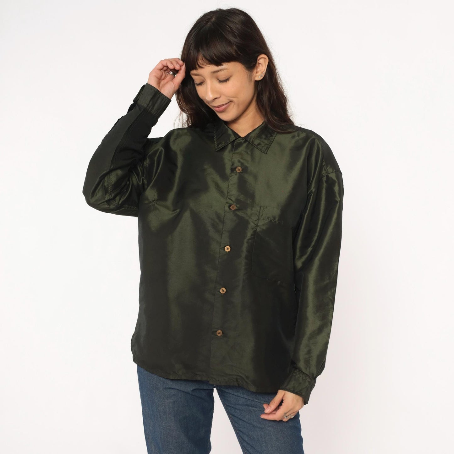 Y2K Olive Green Button-Up Shirt Sqwear Collared Long Sleeve Medium