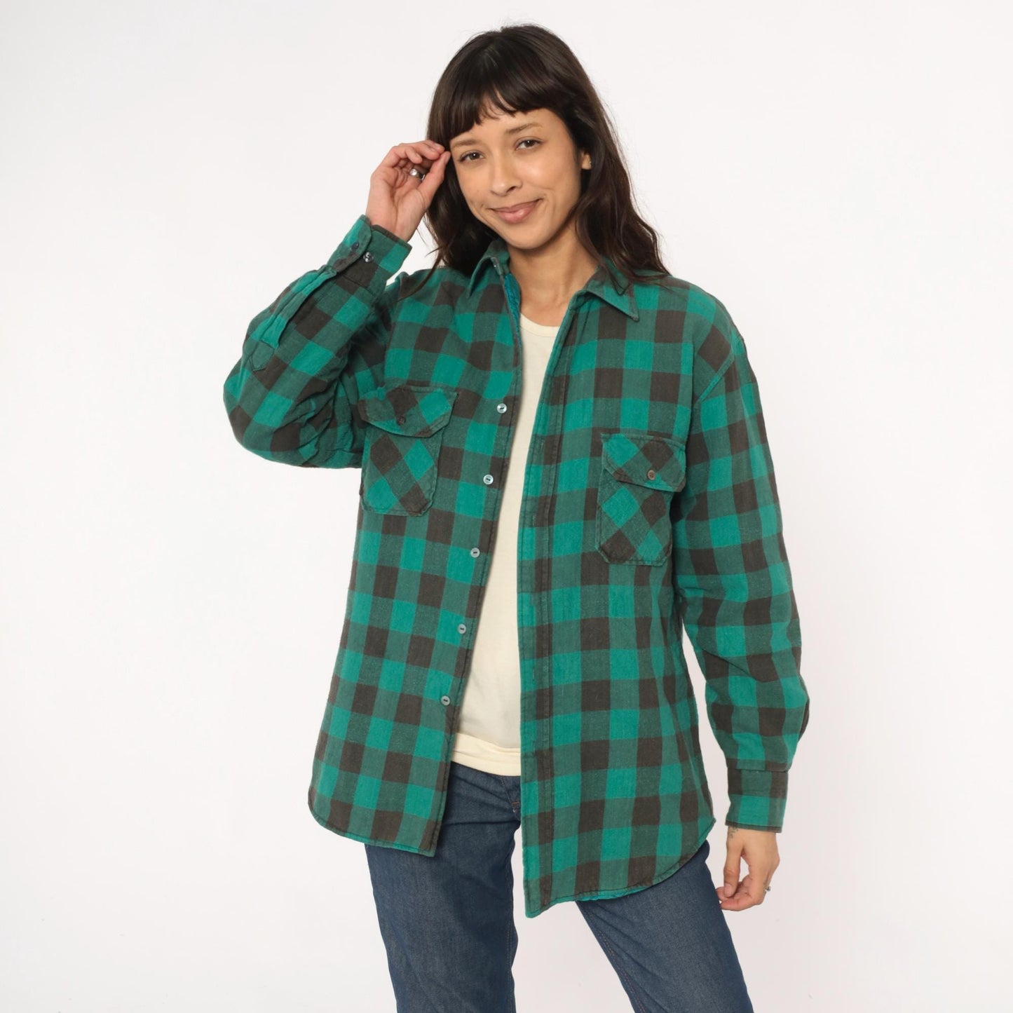 90s Sports Afield Buffalo Plaid Flannel Shirt Green Black Quilted Medium M