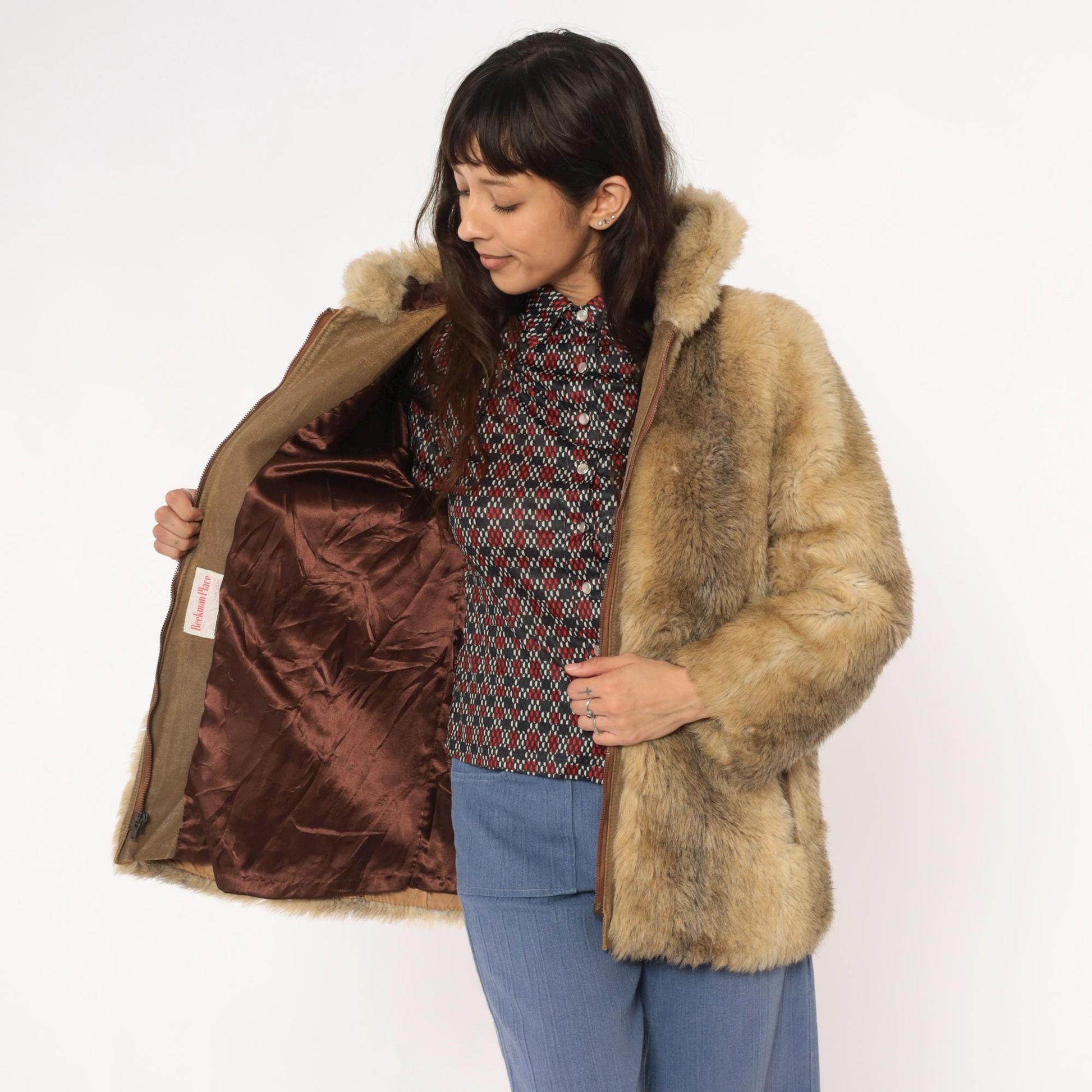 70s Beekman Place Faux Fur Hooded Coat Beige Brown Vinyl Trim Medium