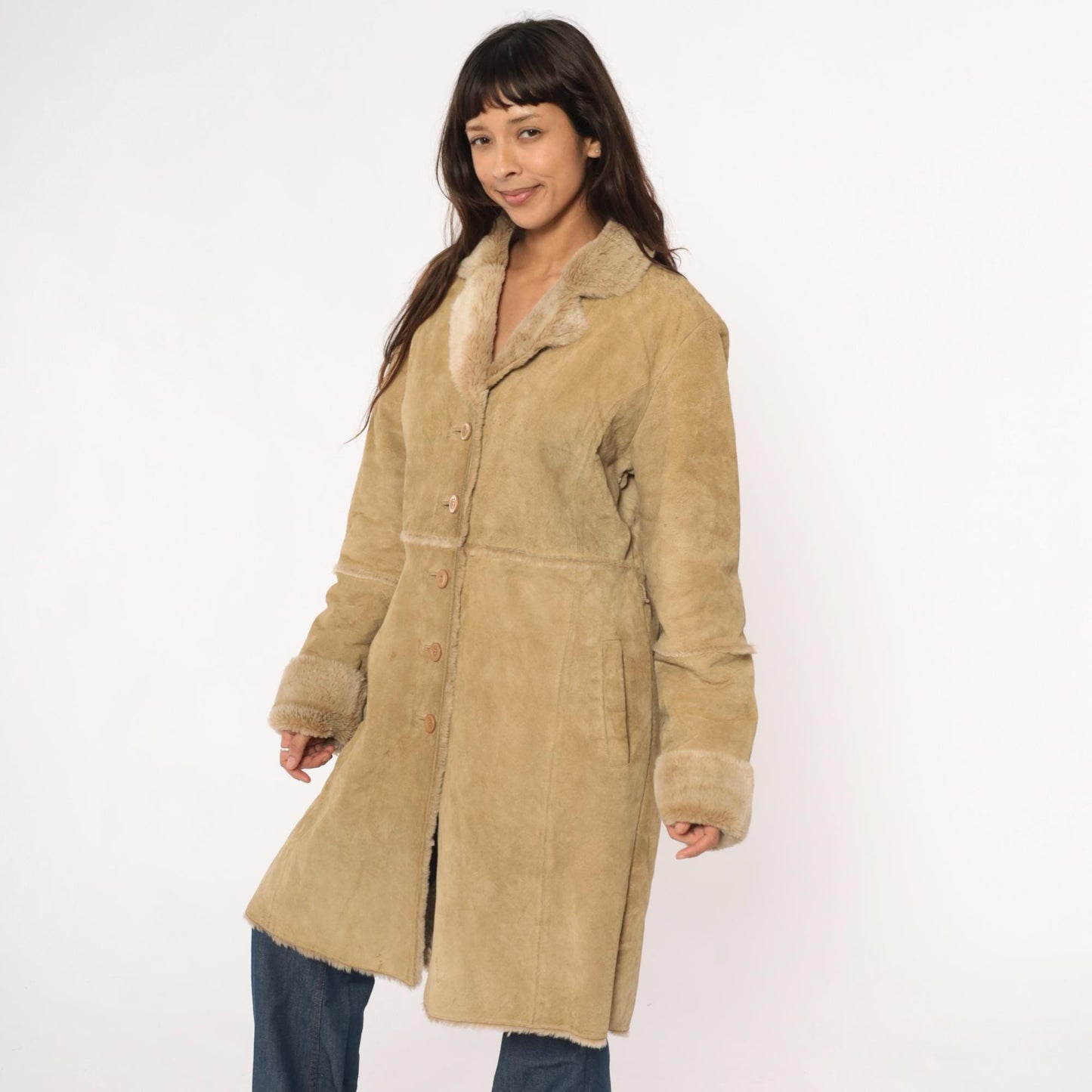 Y2K Brandon Thomas Leather Shearling Coat Tan Knee-Length Large L