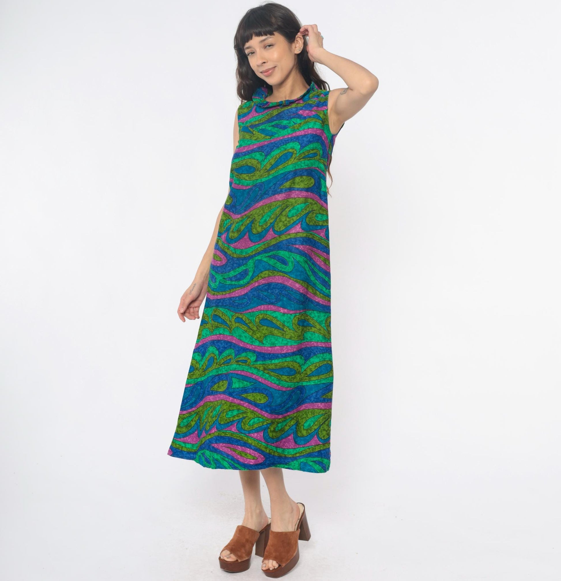 70s Psychedelic Swirl Maxi Dress Blue Green Pink Wave Print Sleeveless Extra Small